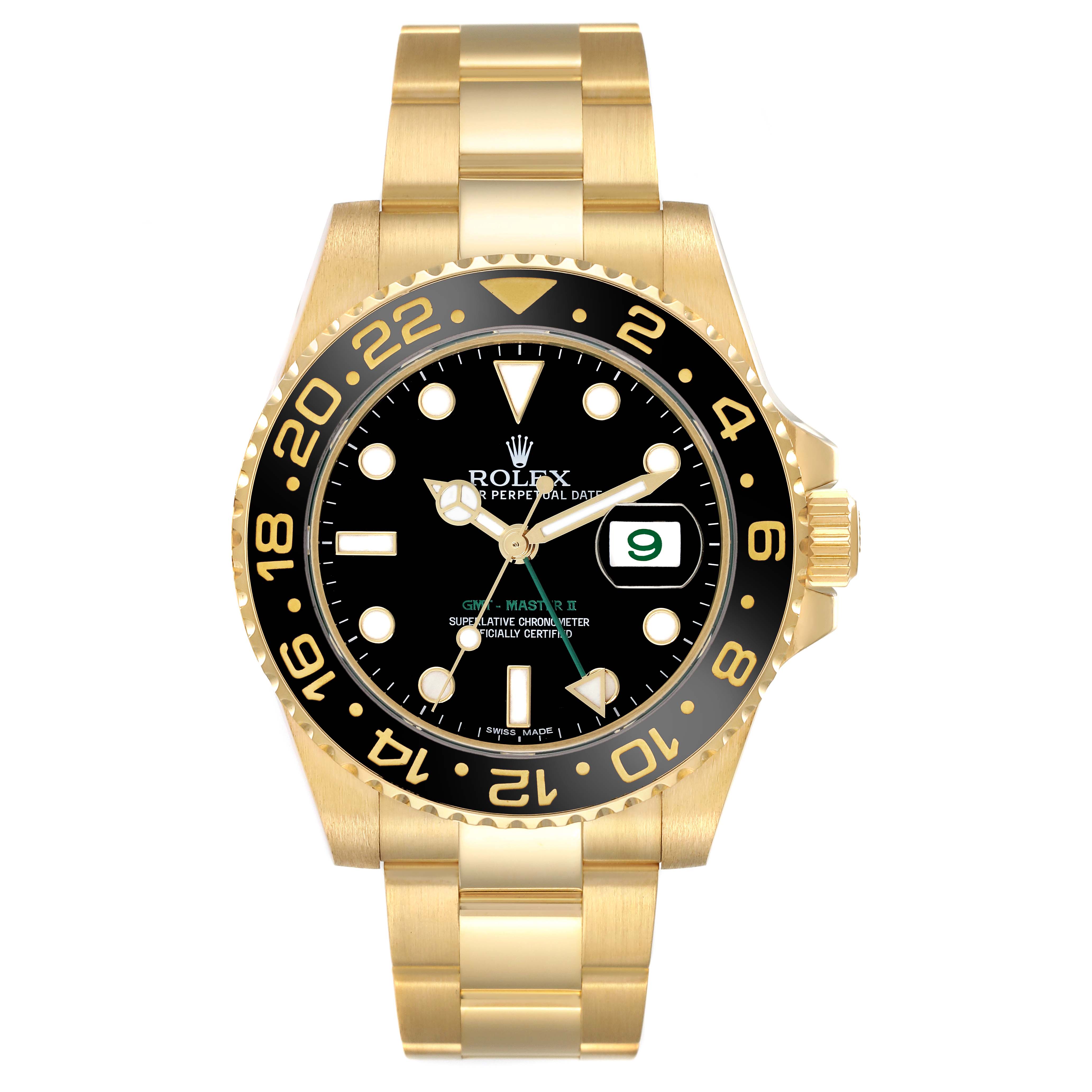 The Rolex GMT-Master 116718LN Men's Yellow Gold Black Dial 116718LN Men's Yellow Gold Black Dial watch is shown from a front angle, displaying the bezel, dial, hands, and date magnifier.