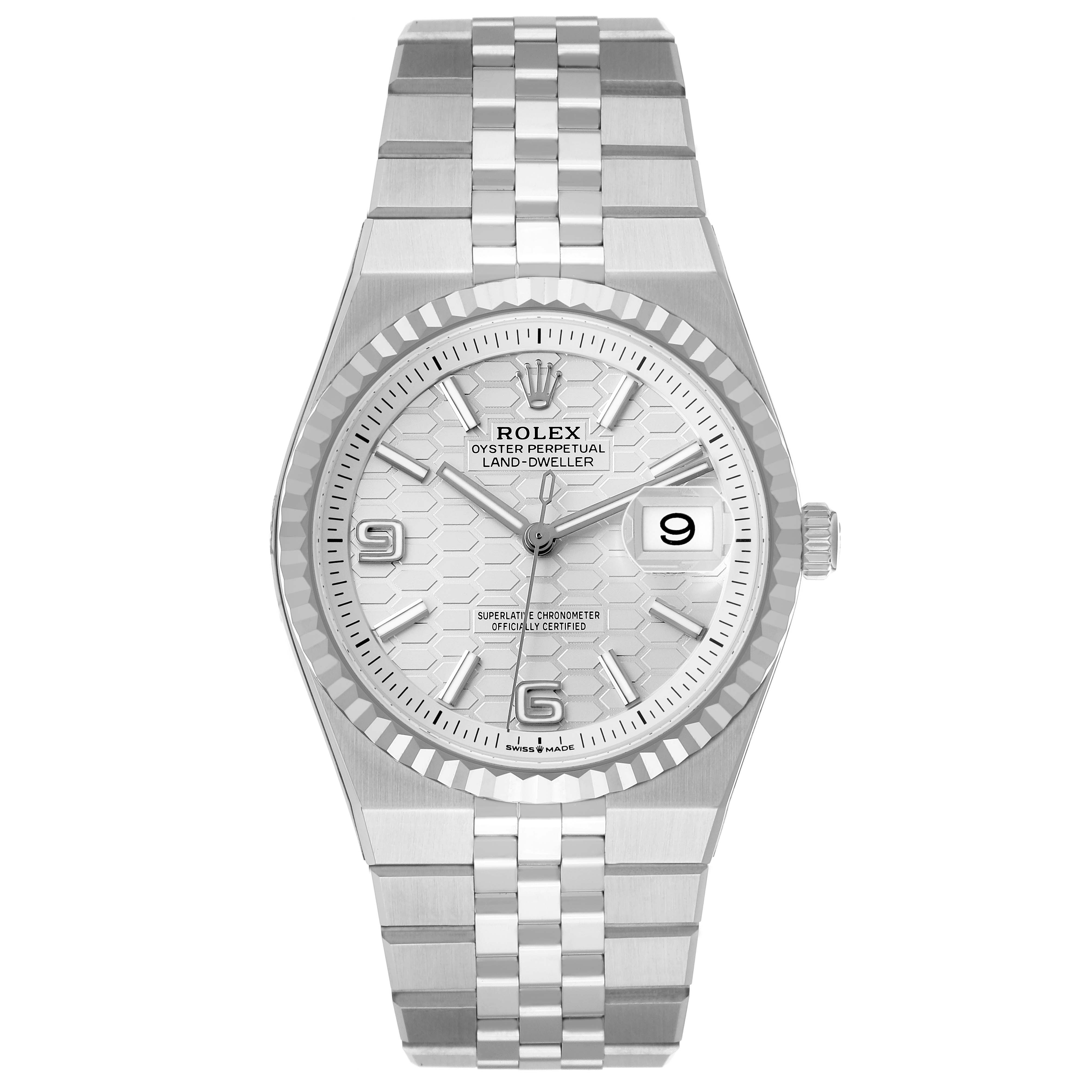 The image shows a front view of the Rolex Land-Dweller watch, highlighting the dial, bezel, and bracelet.