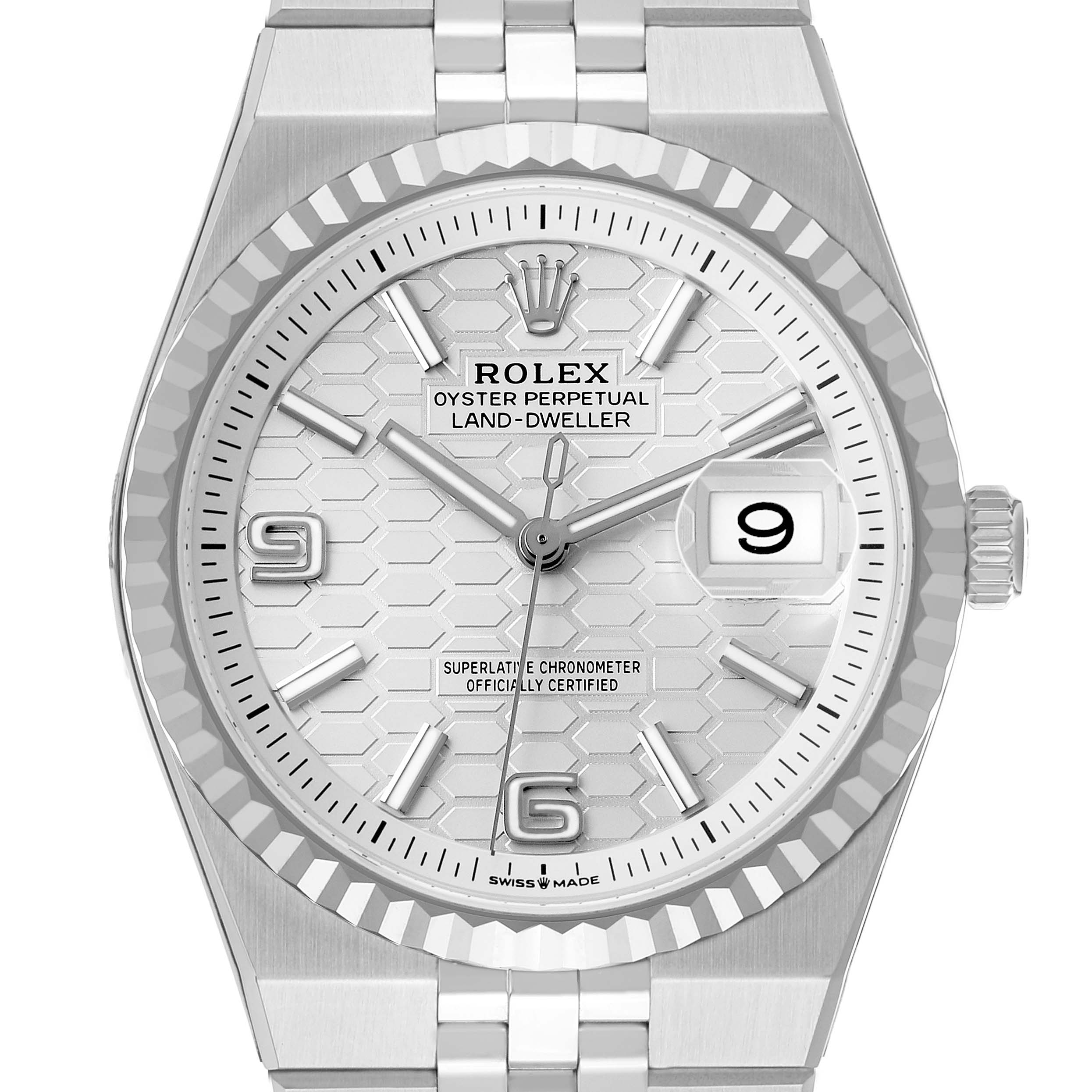 The image shows a front view of the Rolex Land-Dweller watch, including its dial, bezel, and bracelet.