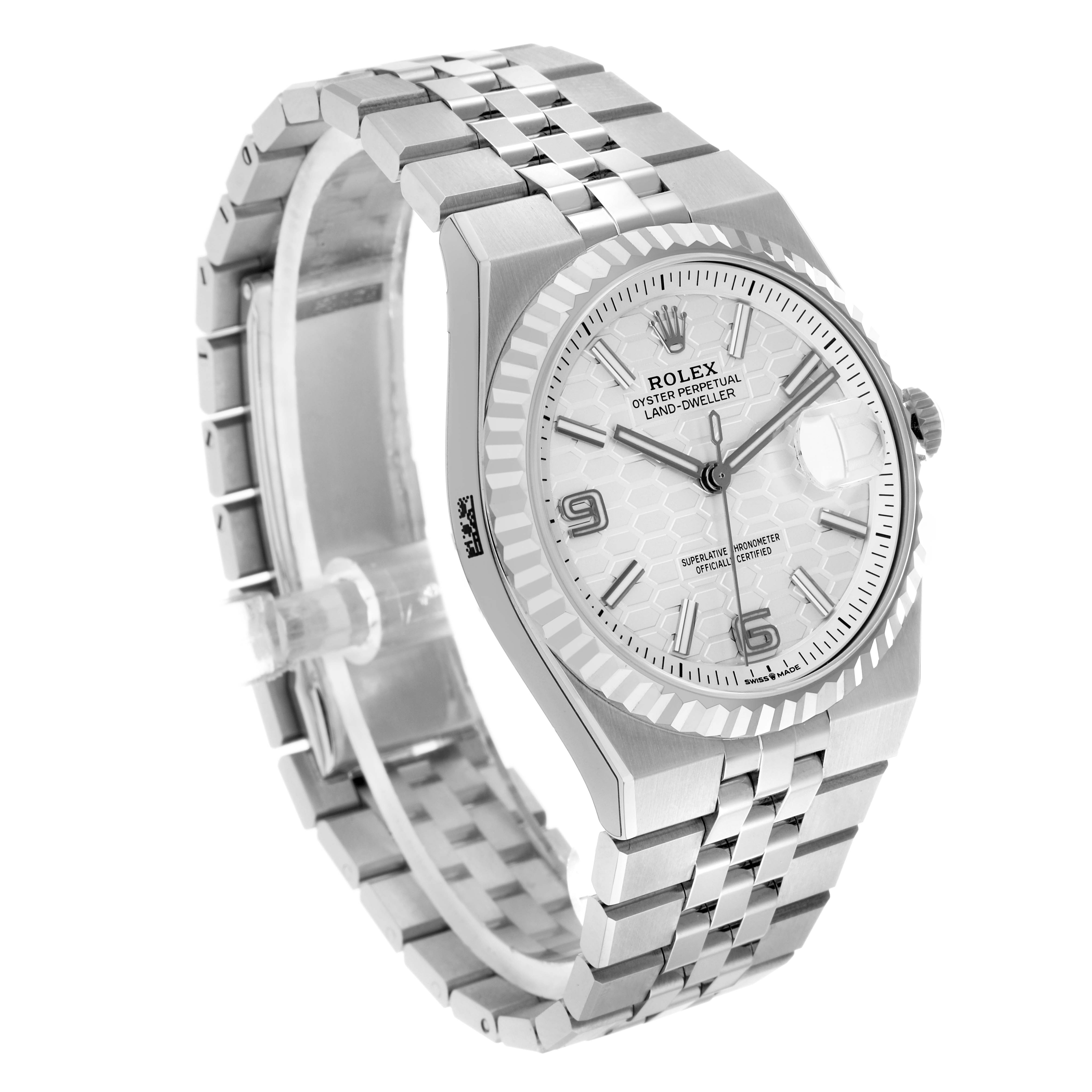 The Rolex Land‑Dweller 127234 Men's Stainless Steel White Dial watch is shown at a three-quarter angle, displaying the face, bezel, and bracelet clearly.
