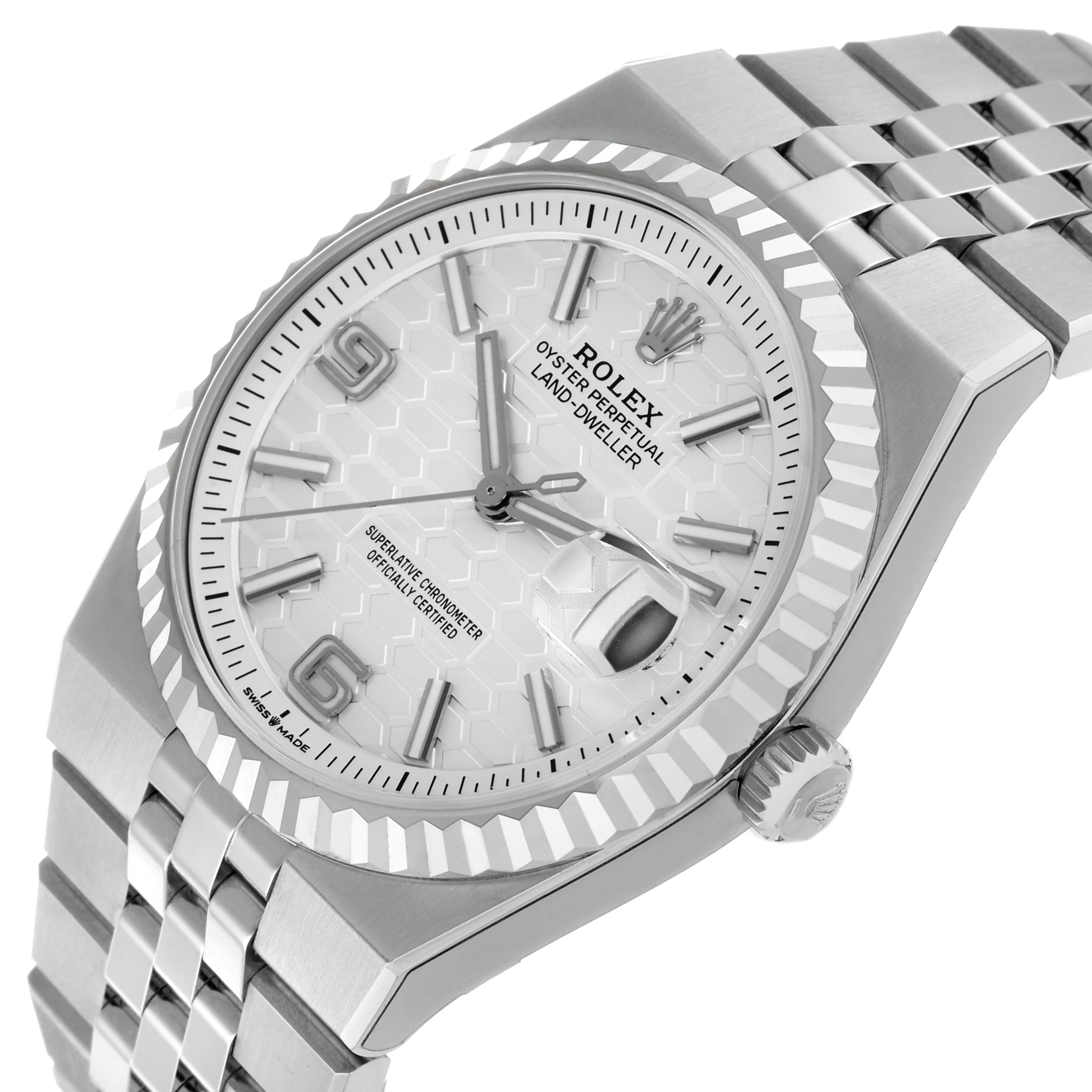 The Rolex Land‑Dweller 127234 Men's Stainless Steel White Dial watch is shown at an angled top view, highlighting the bezel, face, crown, and bracelet.
