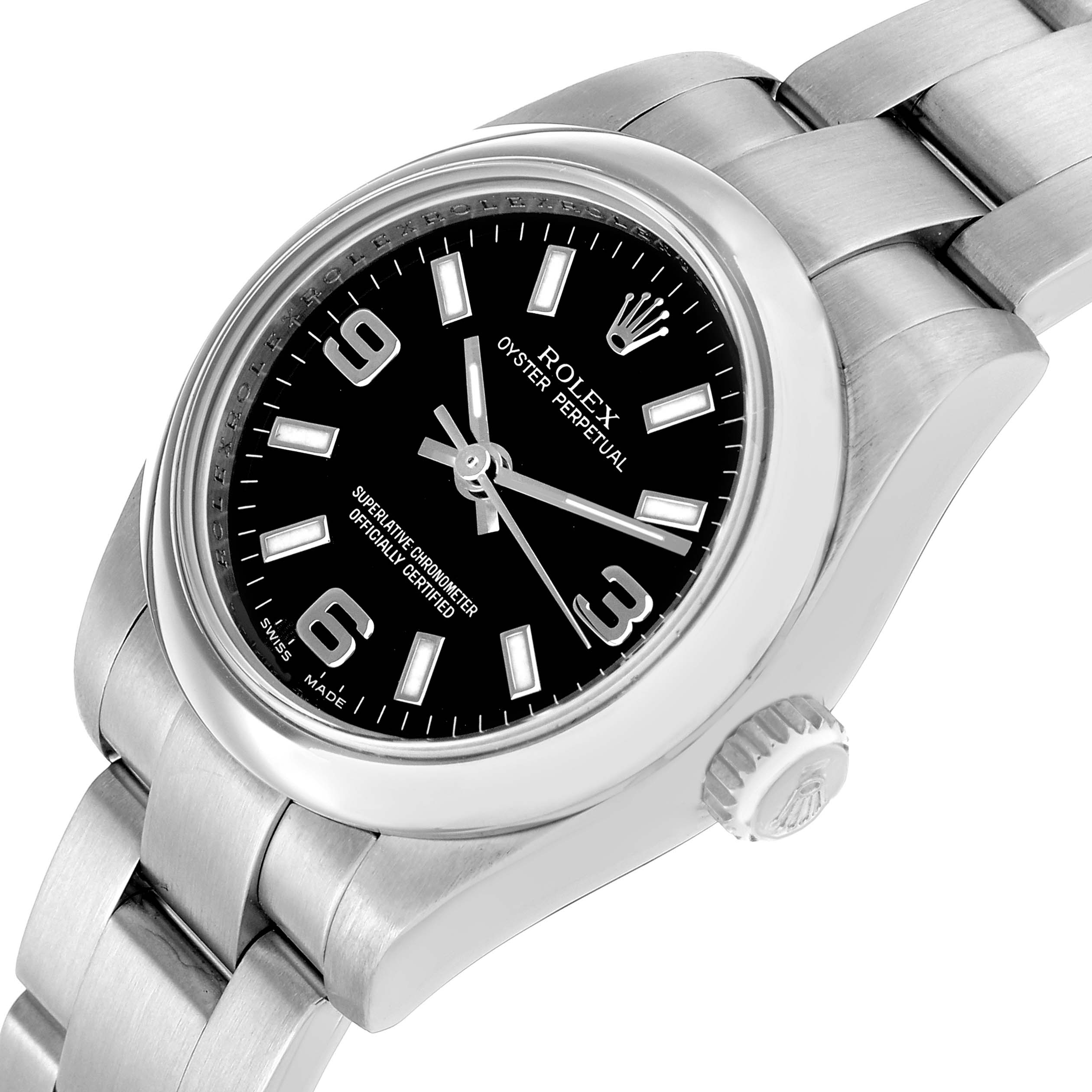 The Rolex Oyster Perpetual 176200 Women's Stainless Steel Black Dial watch is shown at a slight angle, revealing the black dial, case, crown, and part of the bracelet.