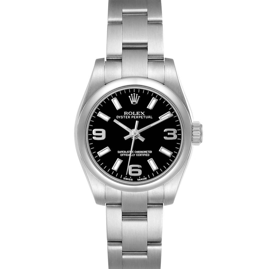 The Rolex Oyster Perpetual 176200 Women's Stainless Steel Black Dial watch is shown from a frontal angle, displaying the face, bezel, and bracelet.