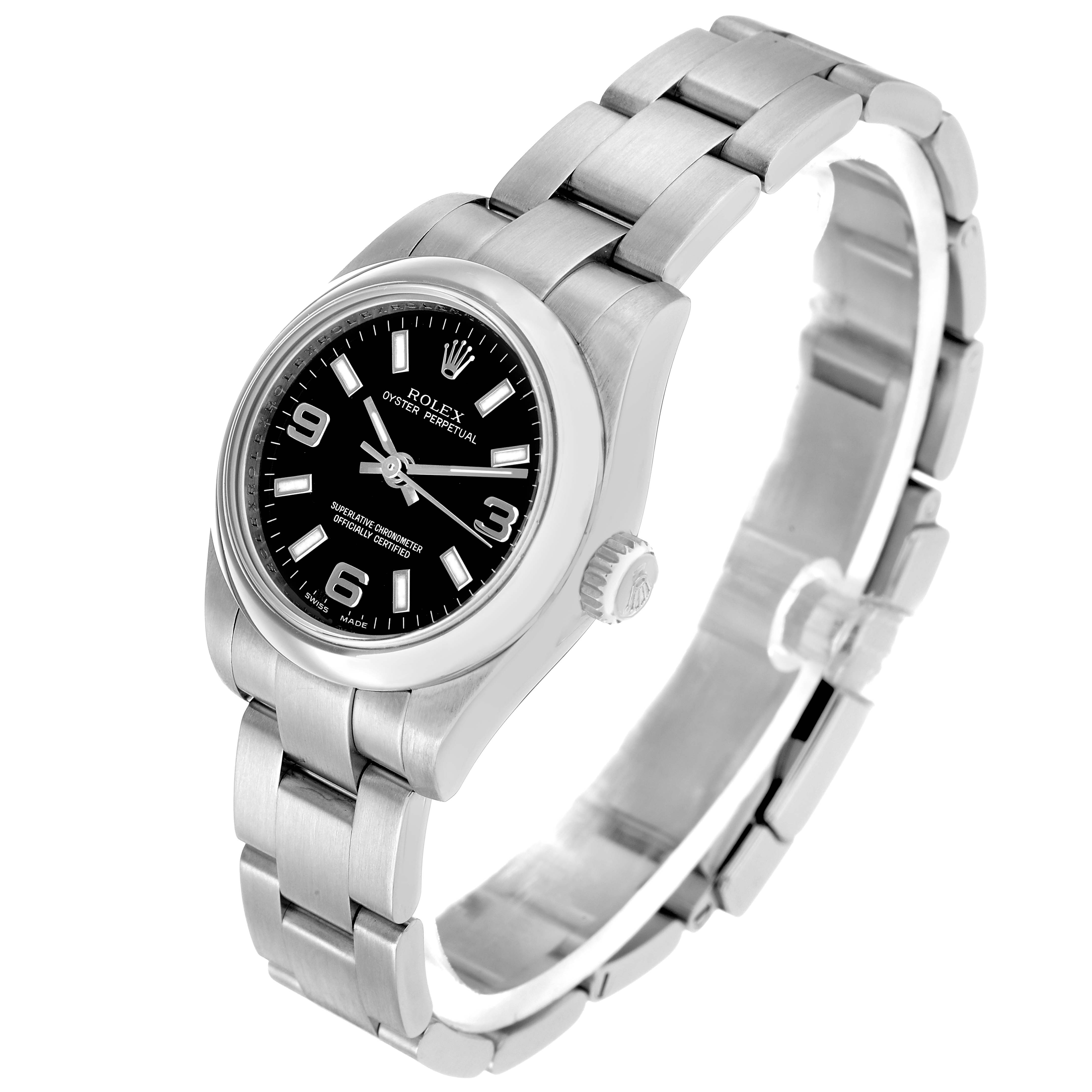 The Rolex Oyster Perpetual 176200 Women's Stainless Steel Black Dial watch is shown at an angle highlighting the face, bezel, crown, and bracelet.