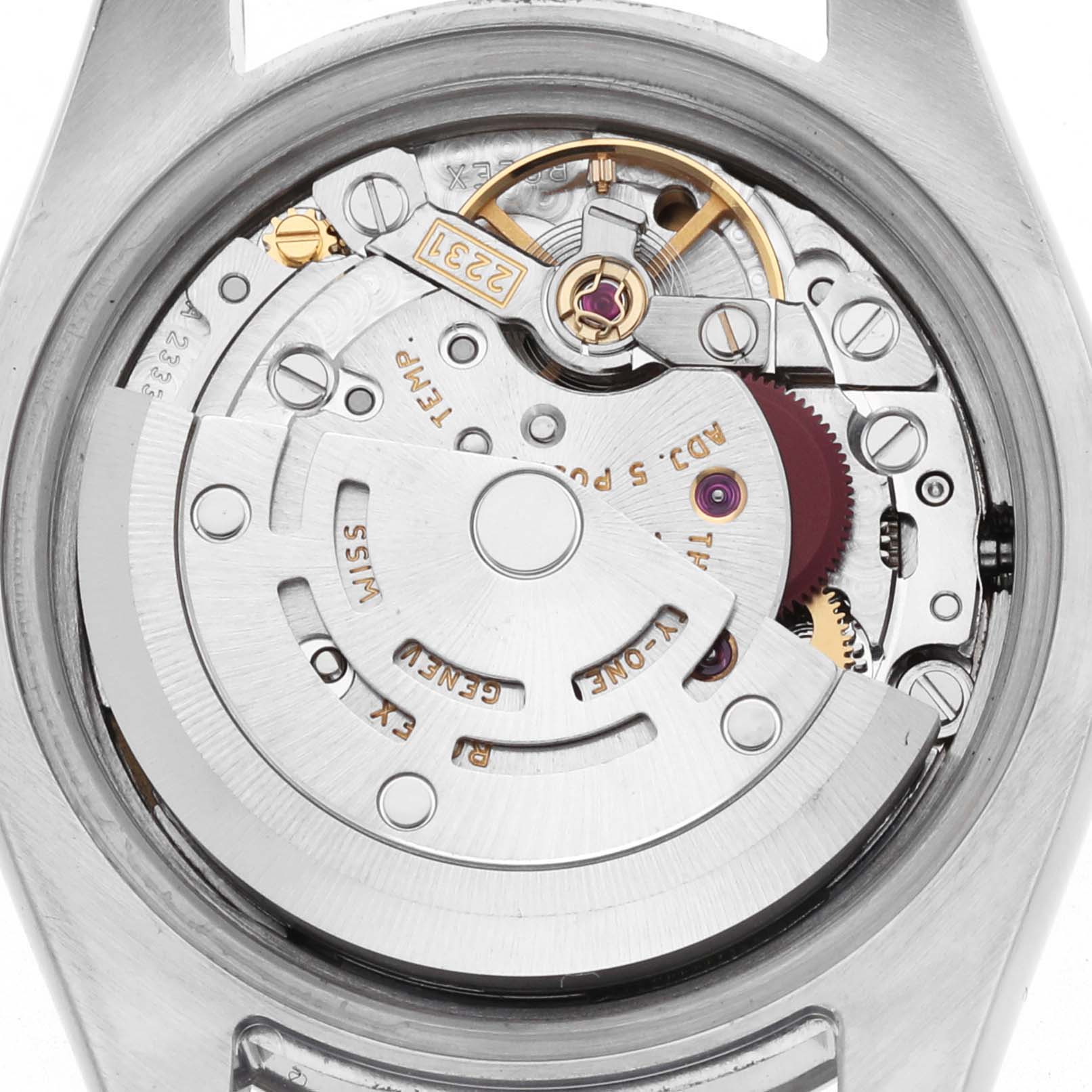 The image shows the Rolex Oyster Perpetual 176200 Women's Stainless Steel Black Dial's movement from the back, highlighting internal components like gears and the rotor.