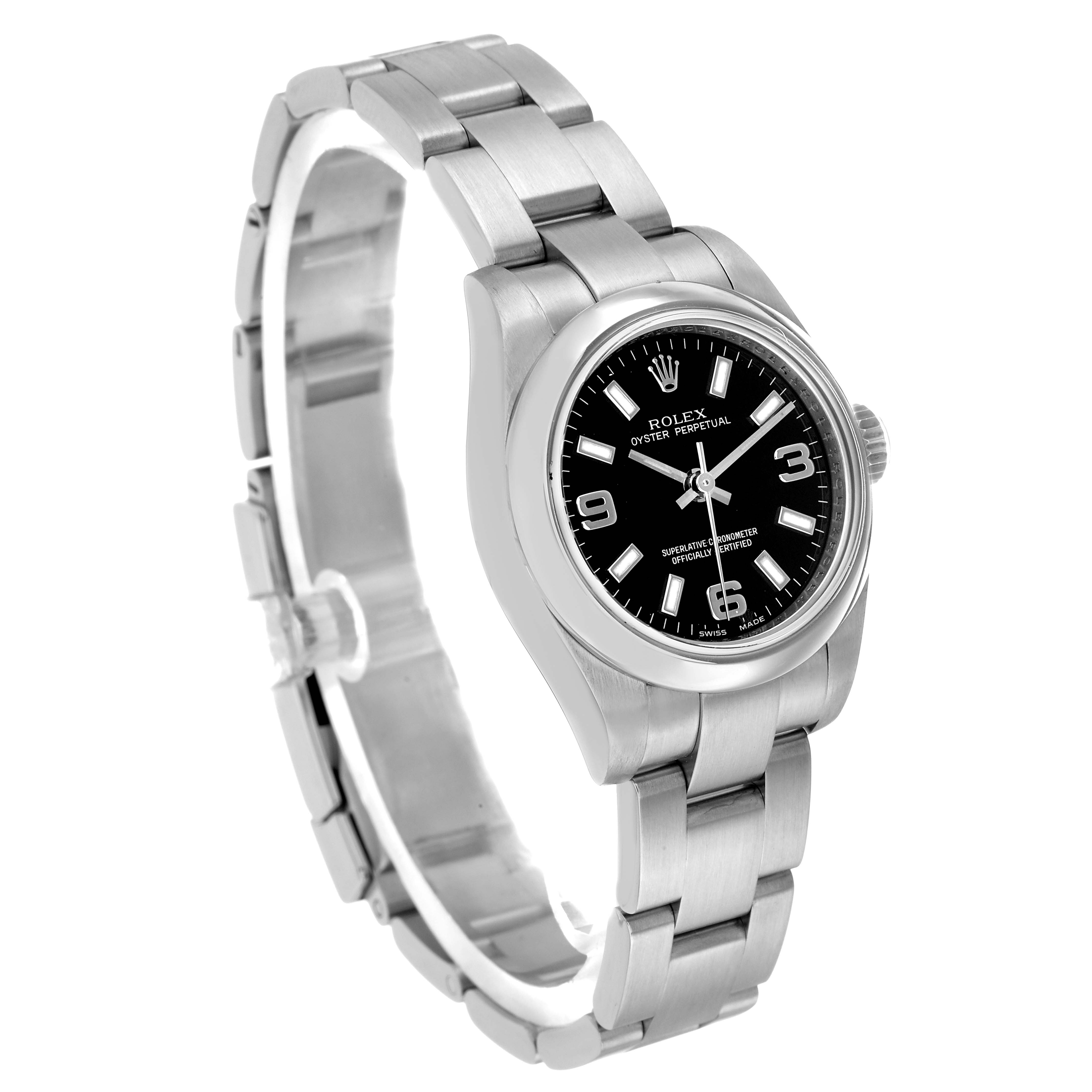 The Rolex Oyster Perpetual 176200 Women's Stainless Steel Black Dial watch is shown at a three-quarter angle, displaying the face, bezel, crown, and bracelet.