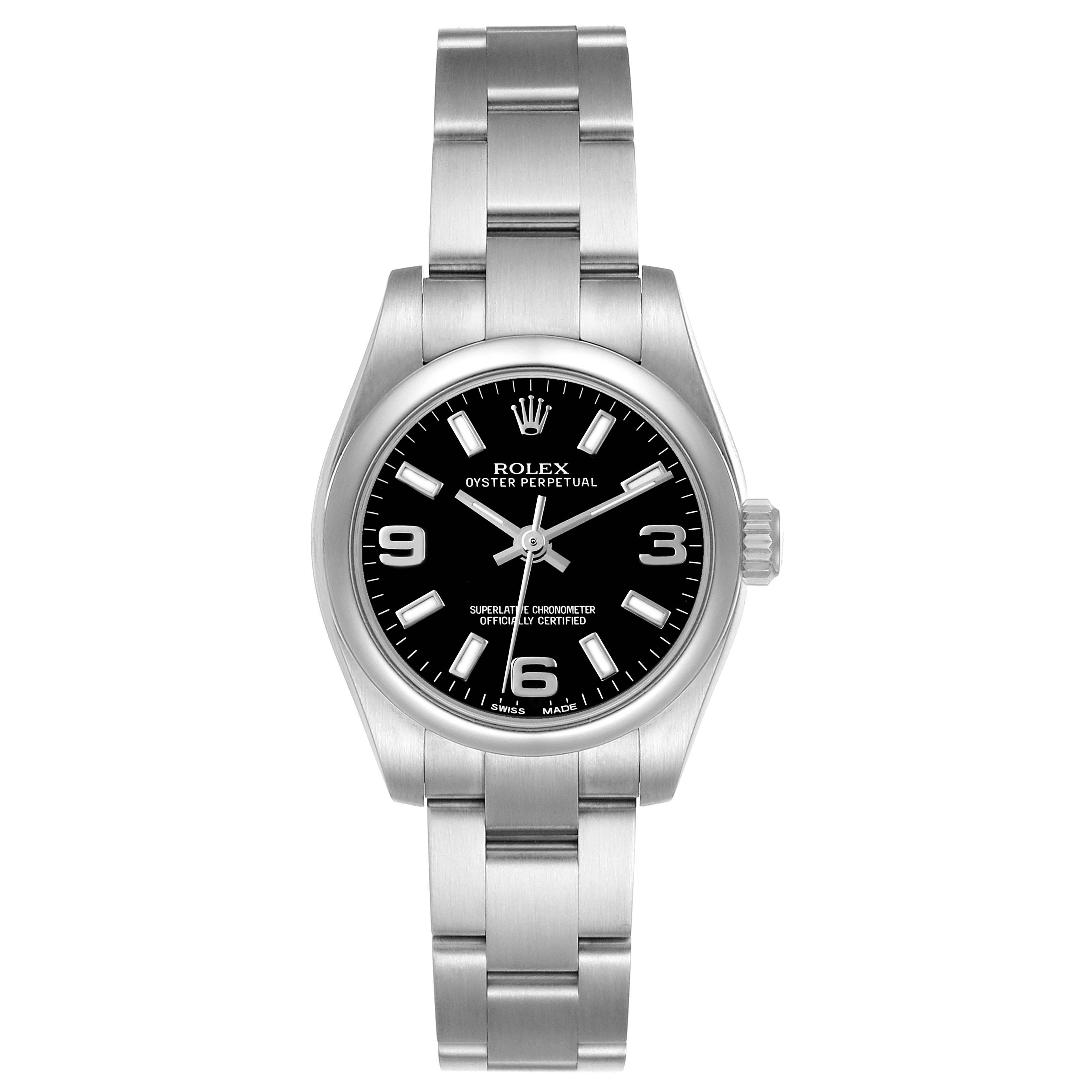 The Rolex Oyster Perpetual 176200 Women's Stainless Steel Black Dial watch is shown from a front angle, displaying the entire dial and bracelet.