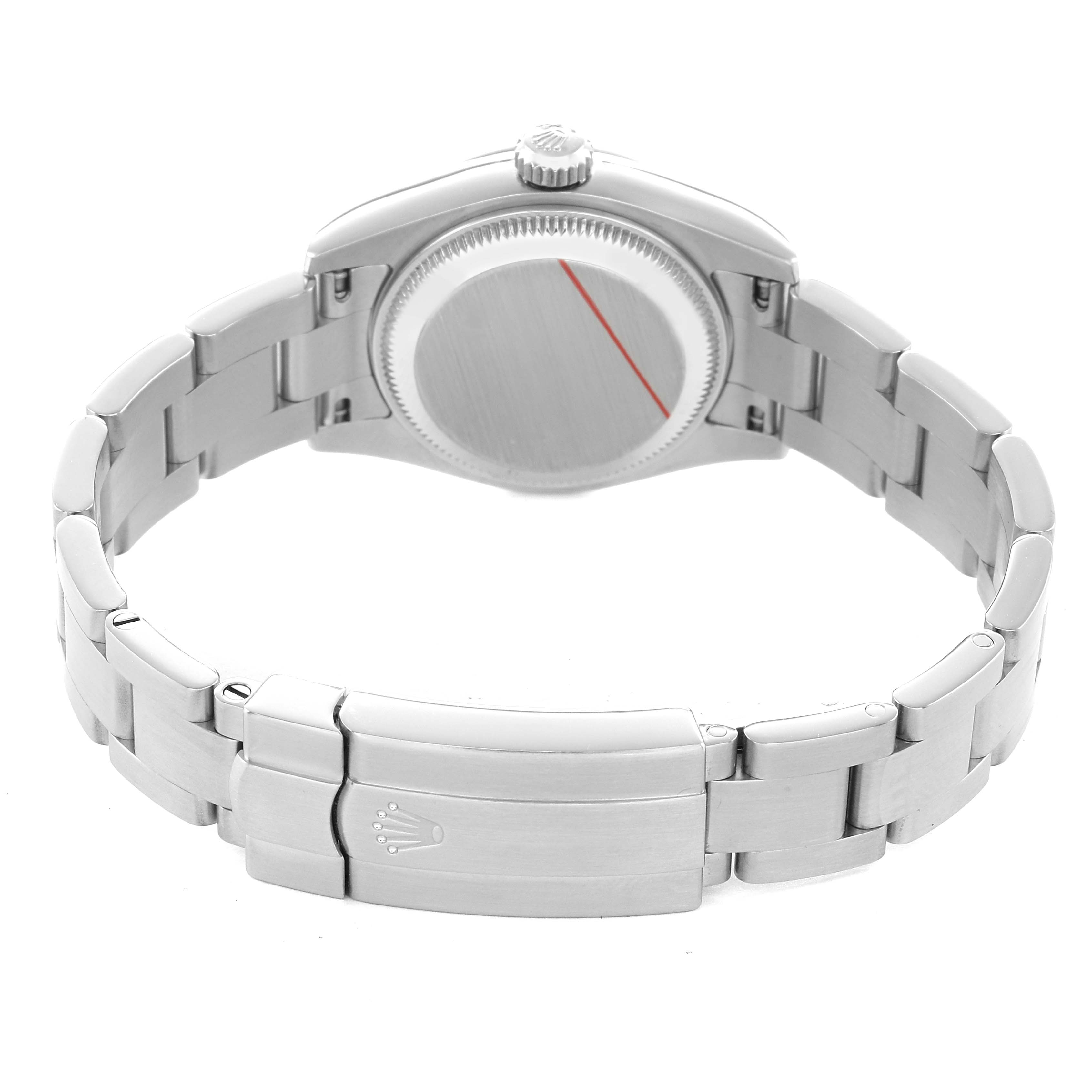 The Rolex Oyster Perpetual 176200 Women's Stainless Steel Black Dial watch is shown from the back, highlighting the clasp, bracelet, and case back.