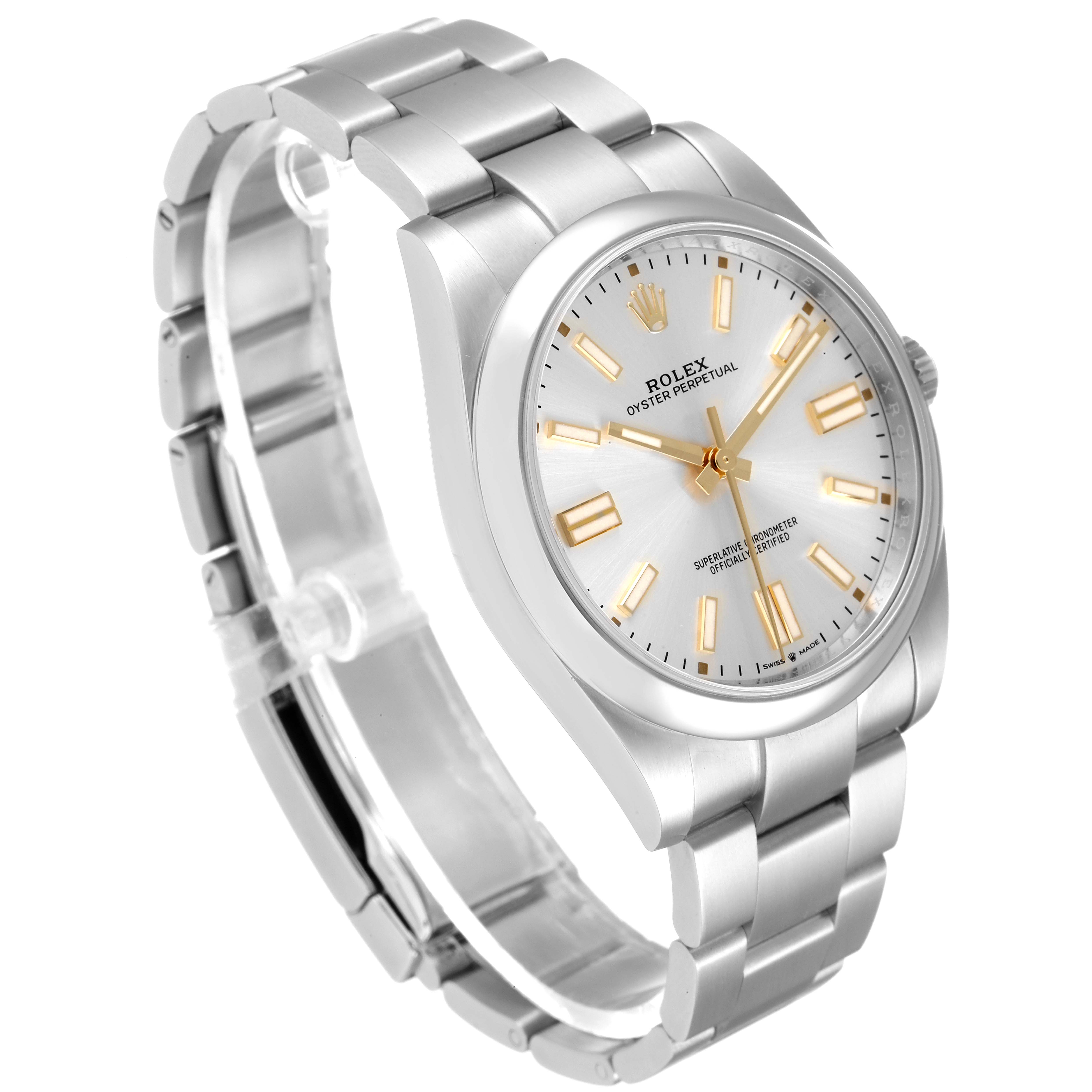 The Rolex Oyster Perpetual 124300 Men's Stainless Steel Silver Dial 124300 Men's Stainless Steel Silver Dial watch is shown at an oblique angle, highlighting its silver bracelet, gold hour markers, and silver dial.