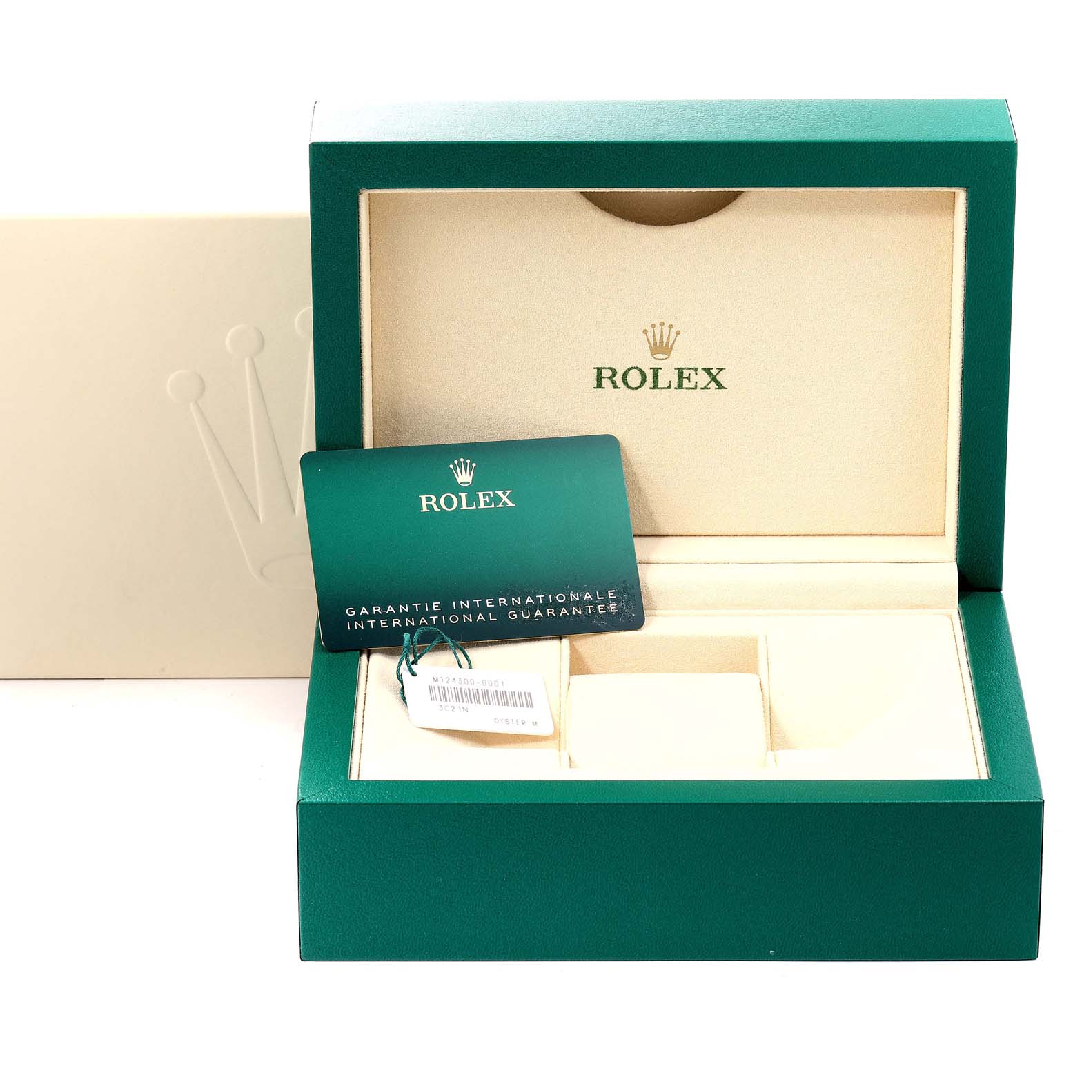 The image shows an open Rolex Oyster Perpetual 124300 Men's Stainless Steel Silver Dial 124300 Men's Stainless Steel Silver Dial watch box with a warranty card inside.