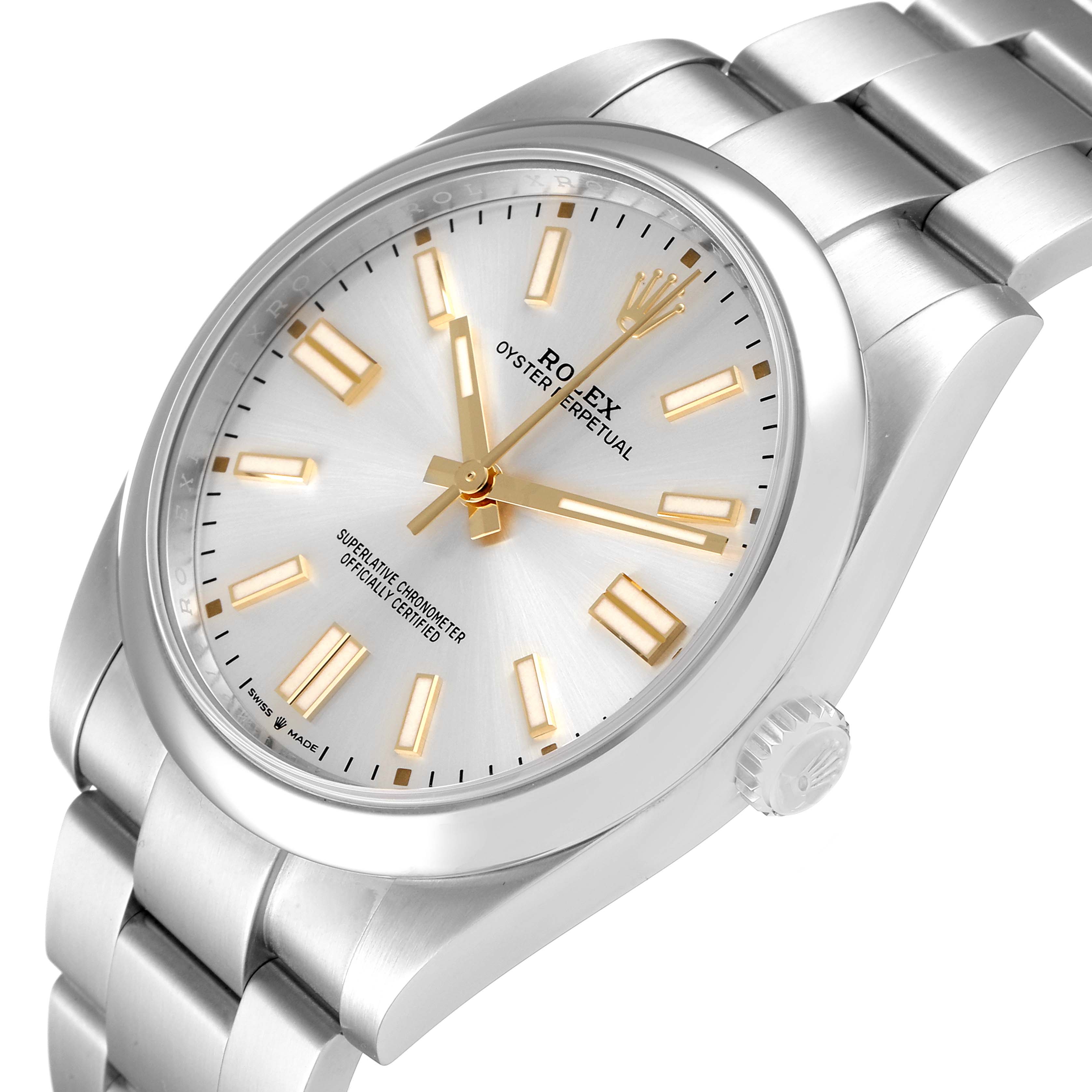 The image shows a close-up angled view of a Rolex Oyster Perpetual 124300 Men's Stainless Steel Silver Dial 124300 Men's Stainless Steel Silver Dial watch, showcasing its dial, case, and part of the bracelet.