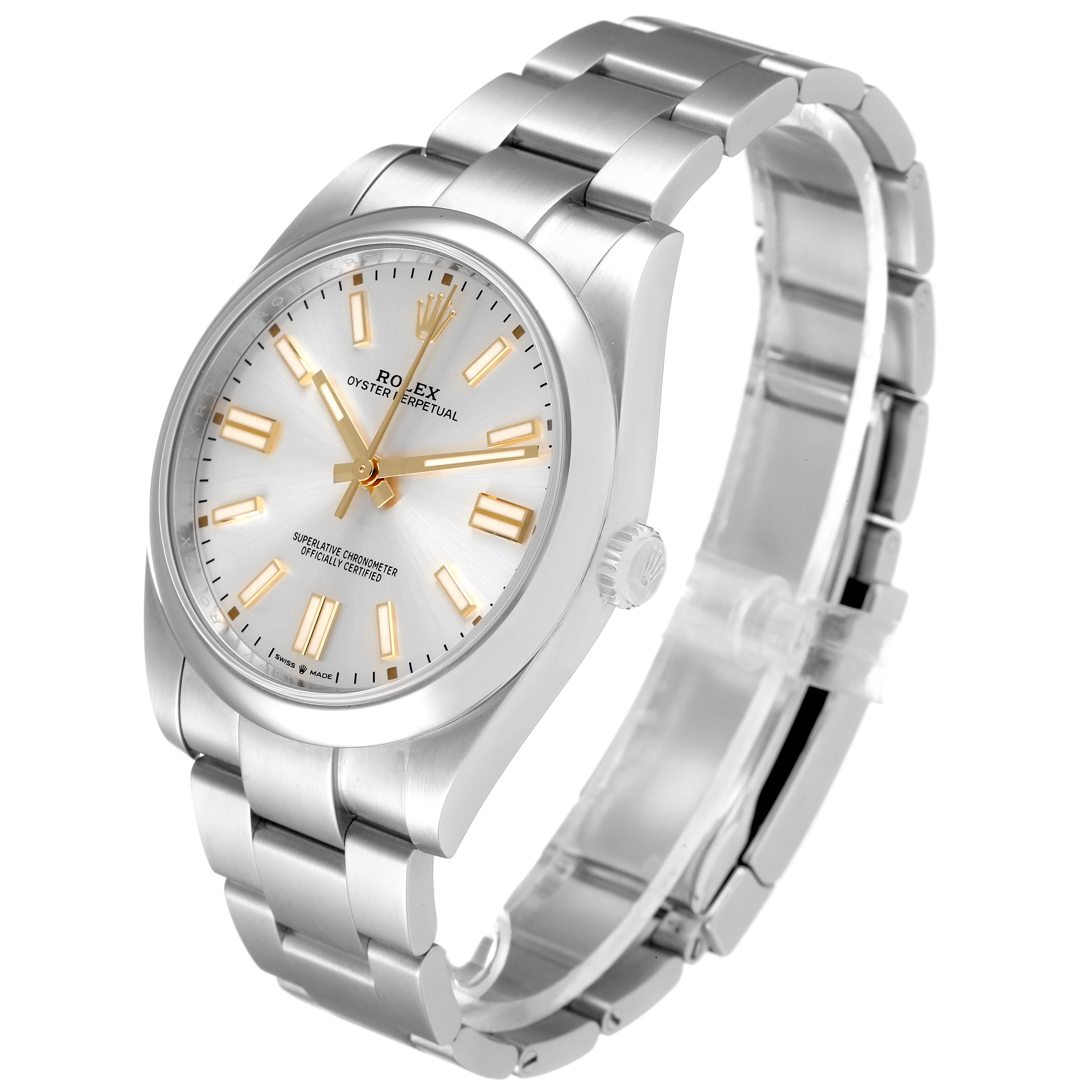 The image shows a Rolex Oyster Perpetual 124300 Men's Stainless Steel Silver Dial 124300 Men's Stainless Steel Silver Dial watch angled slightly to the right, highlighting the face, crown, and metal bracelet.