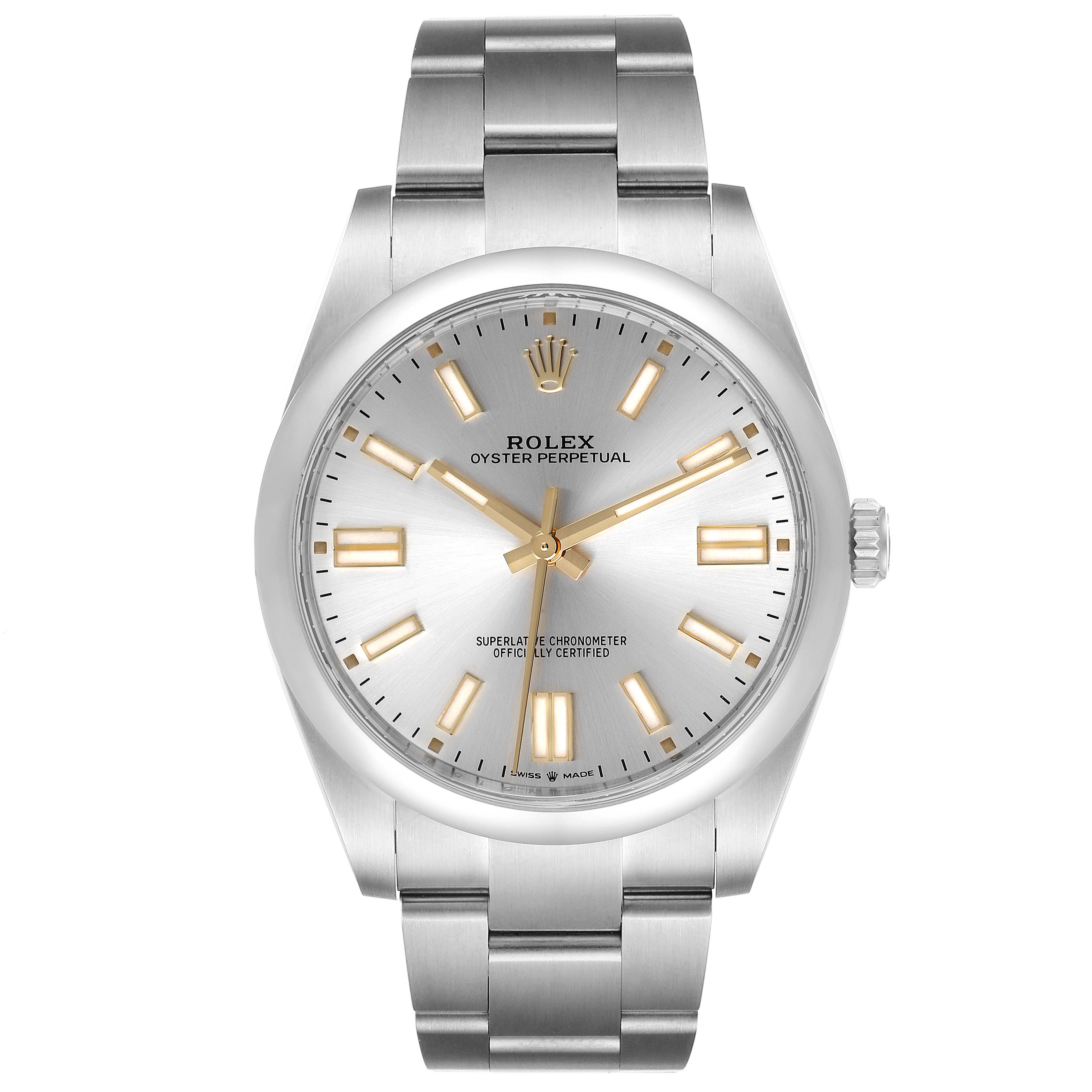 The image shows a front view of a Rolex Oyster Perpetual 124300 Men's Stainless Steel Silver Dial 124300 Men's Stainless Steel Silver Dial watch, highlighting the dial, case, and bracelet.