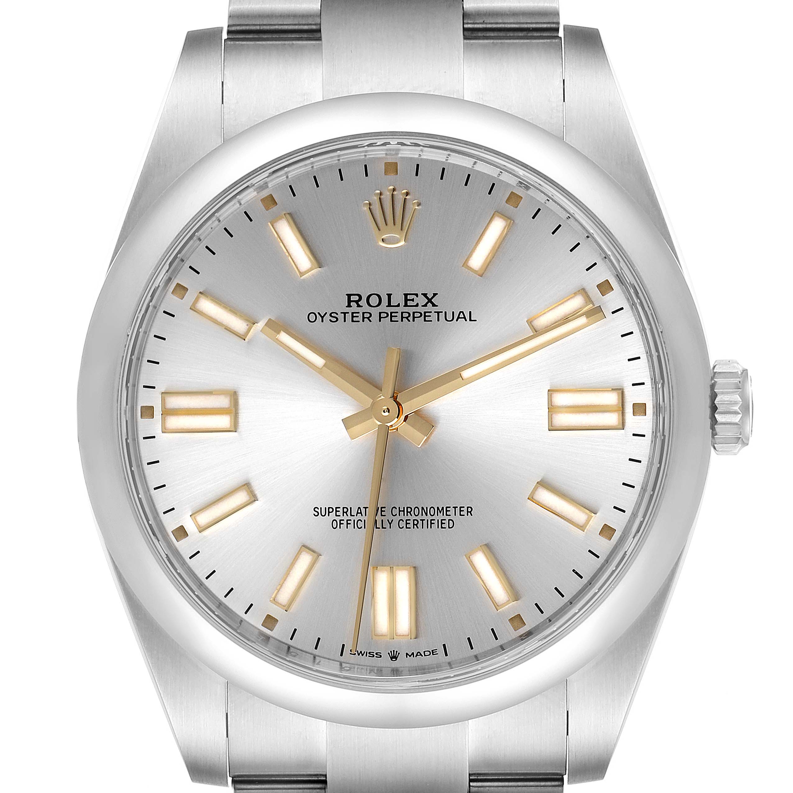 The image shows a front view of a Rolex Oyster Perpetual 124300 Men's Stainless Steel Silver Dial 124300 Men's Stainless Steel Silver Dial watch displaying the dial, hands, bezel, and part of the bracelet.