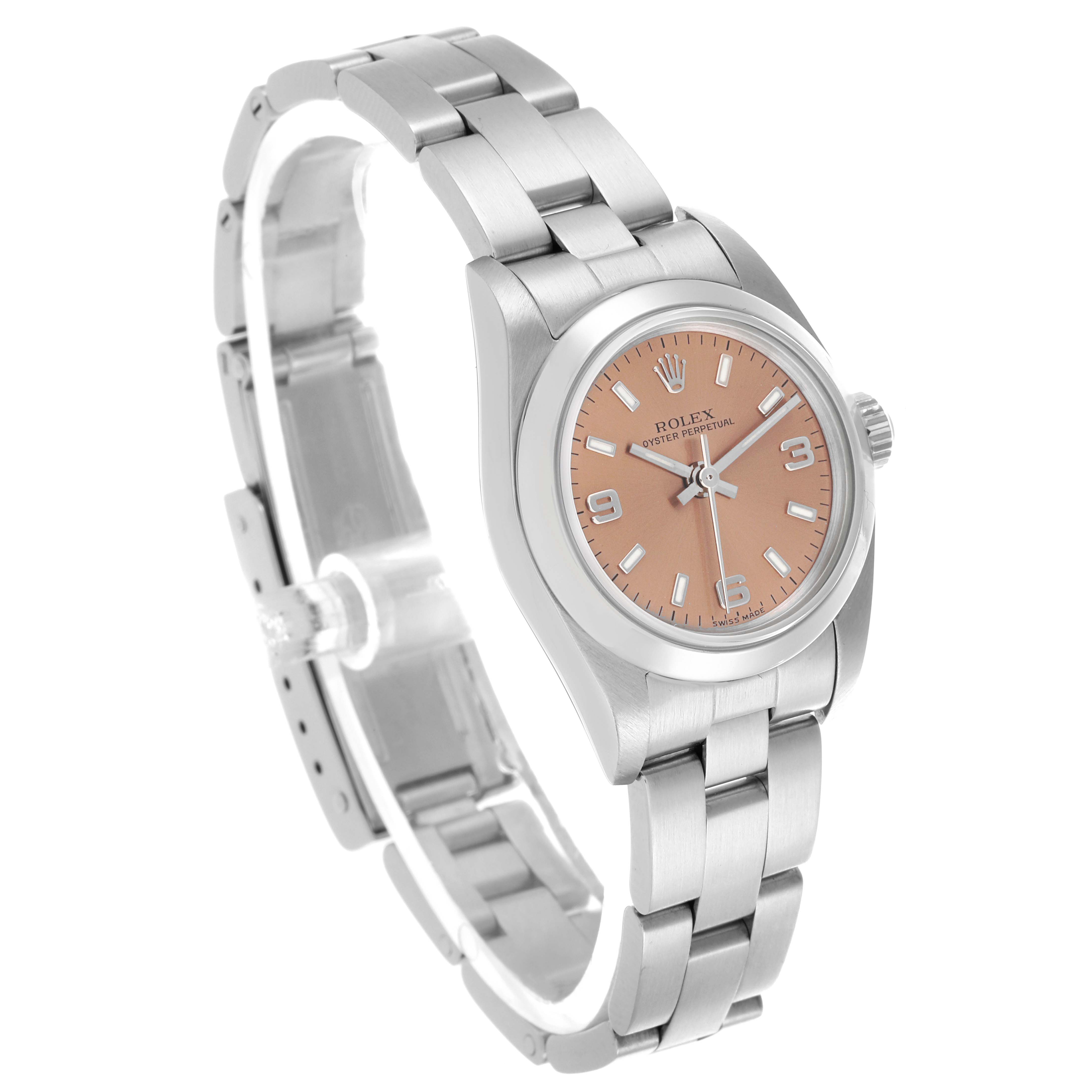 The Rolex Oyster Perpetual 76080 Women's Stainless Steel Pink Dial 76080 Women's Stainless Steel Pink Dial watch is shown at an angle, highlighting the bracelet, case, and dial.