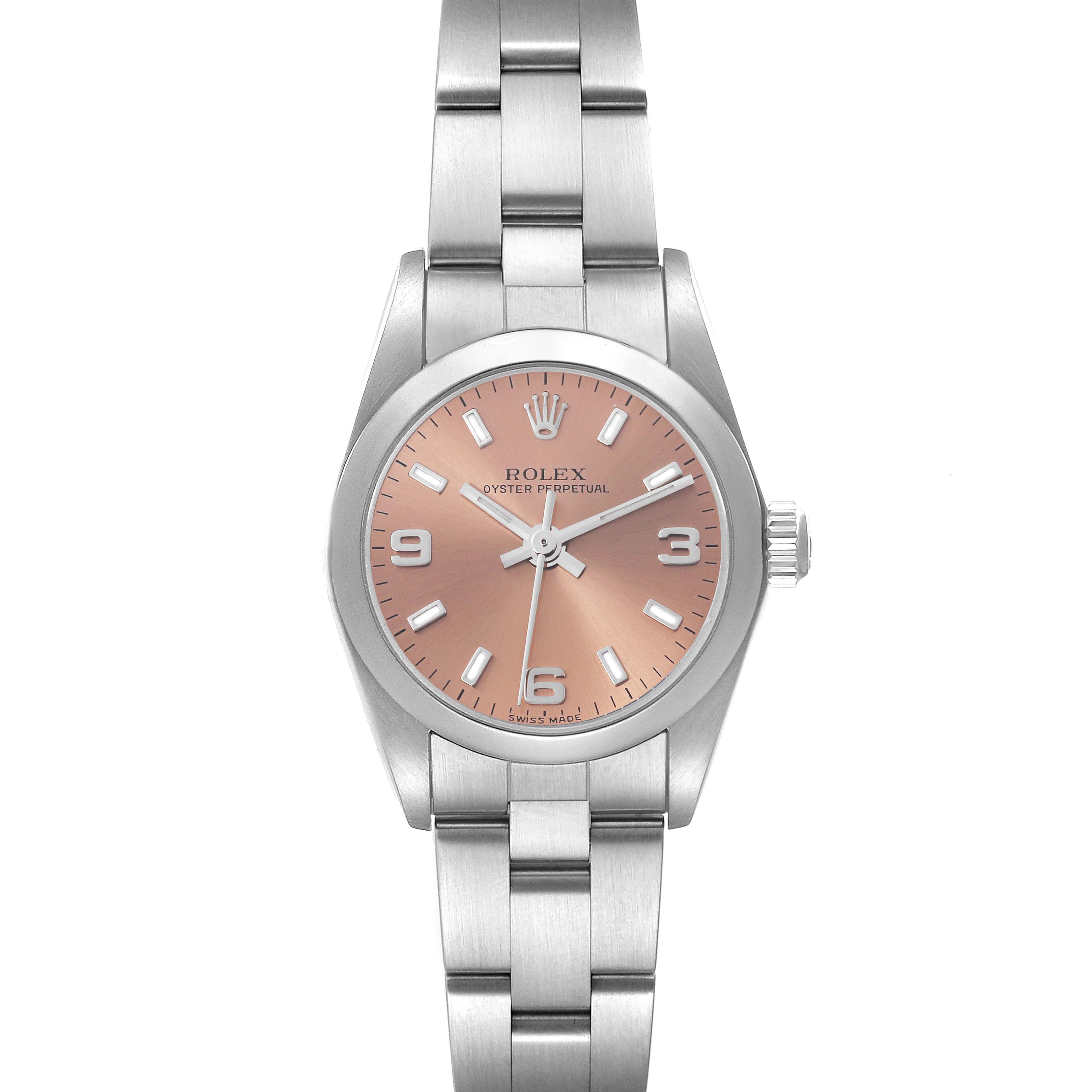 The Rolex Oyster Perpetual 76080 Women's Stainless Steel Pink Dial 76080 Women's Stainless Steel Pink Dial watch is shown from a top-down angle, displaying its dial, bezel, and bracelet.