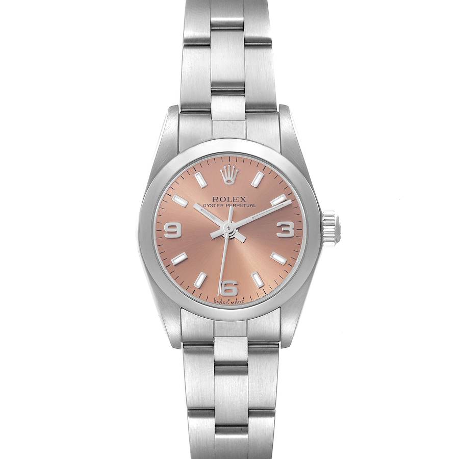 The Rolex Oyster Perpetual watch is shown from a top-down angle, displaying its dial, bezel, and bracelet.