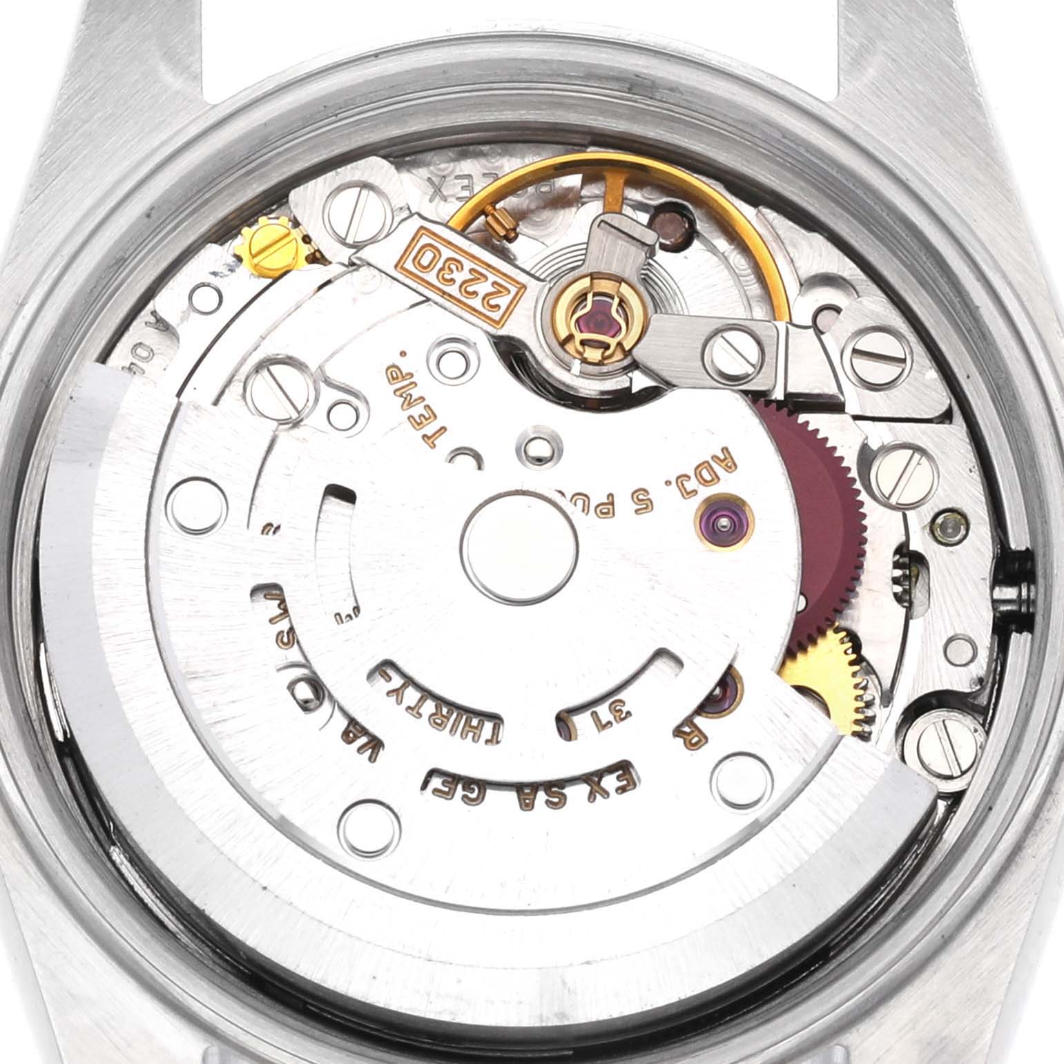 The image shows a close-up of the Rolex Oyster Perpetual 76080 Women's Stainless Steel Pink Dial 76080 Women's Stainless Steel Pink Dial watch movement from the back.