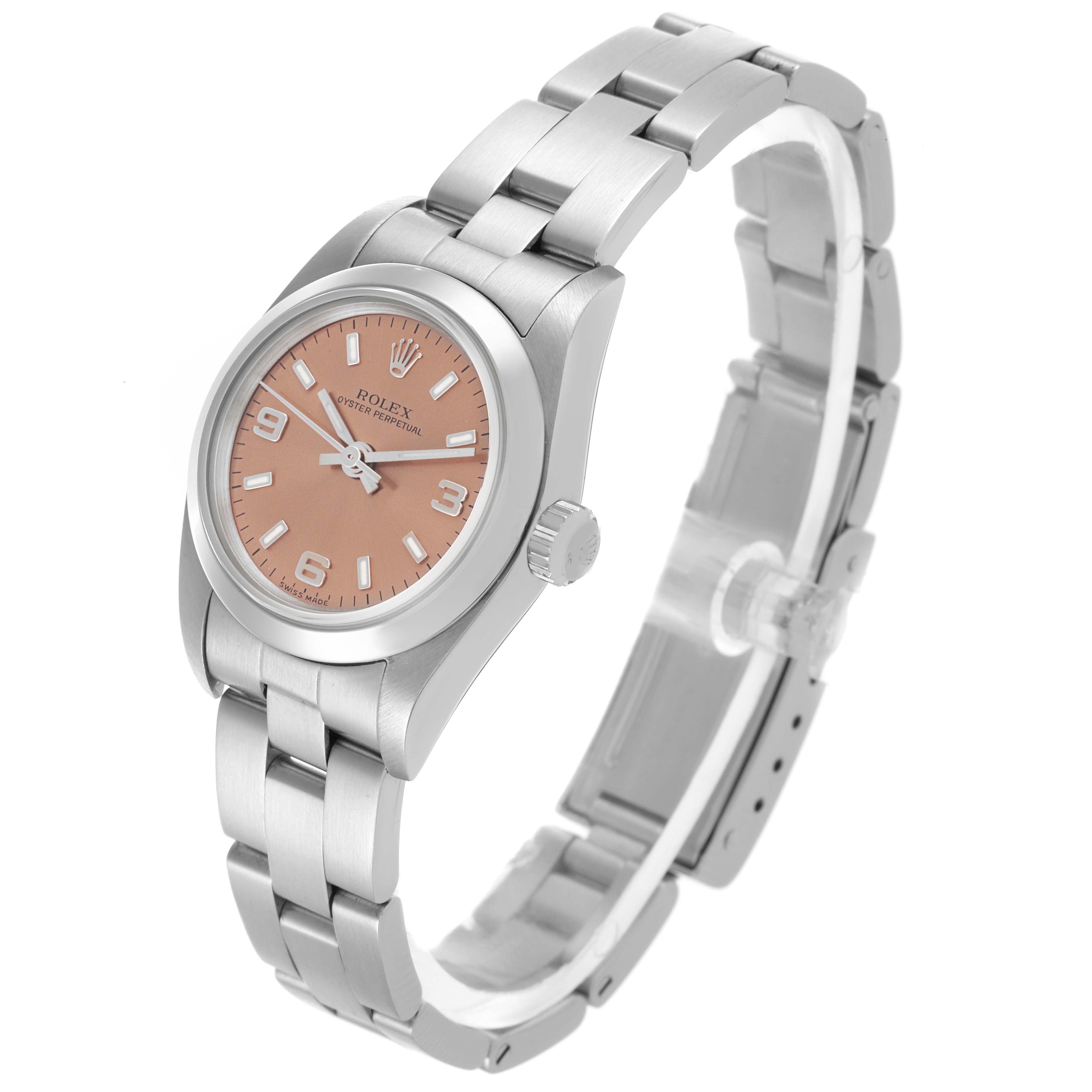 The Rolex Oyster Perpetual 76080 Women's Stainless Steel Pink Dial 76080 Women's Stainless Steel Pink Dial is shown at a three-quarter angle, displaying the dial, bezel, crown, and bracelet.