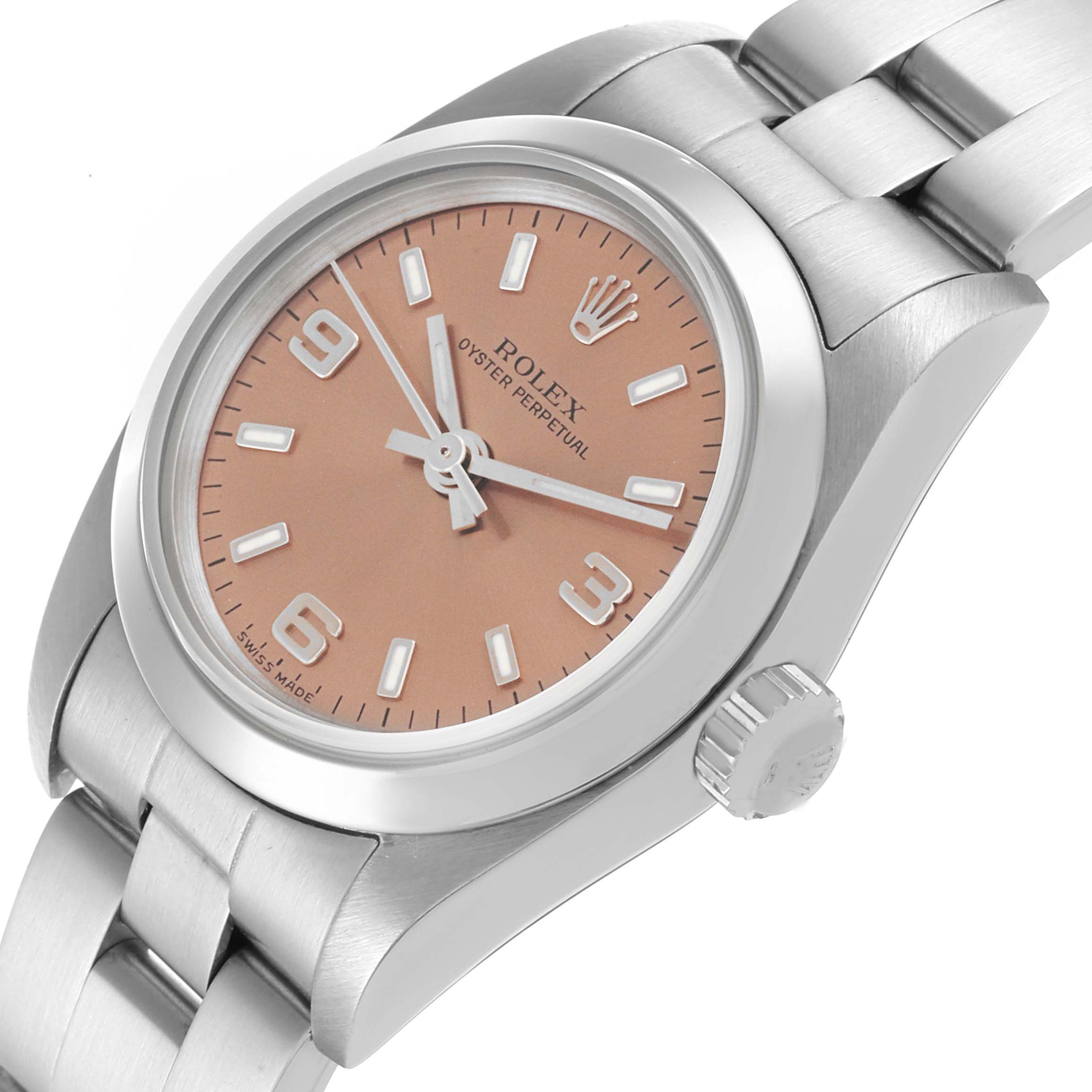 The Rolex Oyster Perpetual 76080 Women's Stainless Steel Pink Dial 76080 Women's Stainless Steel Pink Dial watch is shown from a front angle, highlighting the dial, crown, and part of the bracelet.