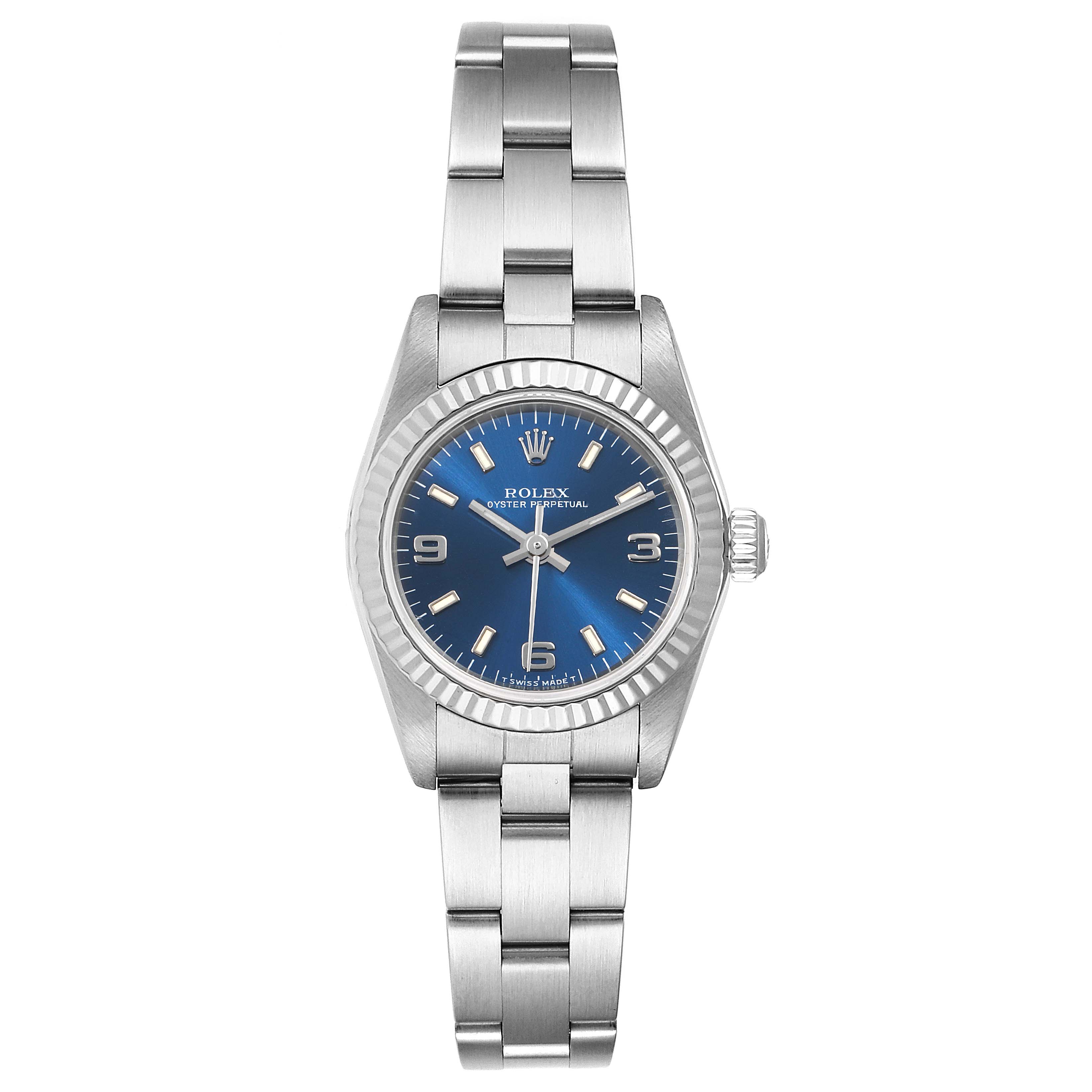 This image shows a front view of the Rolex Oyster Perpetual 76094 Women
s Stainless Steel Blue Dial 76094 Women
s Stainless Steel Blue Dial watch displaying the dial, bezel, and bracelet.