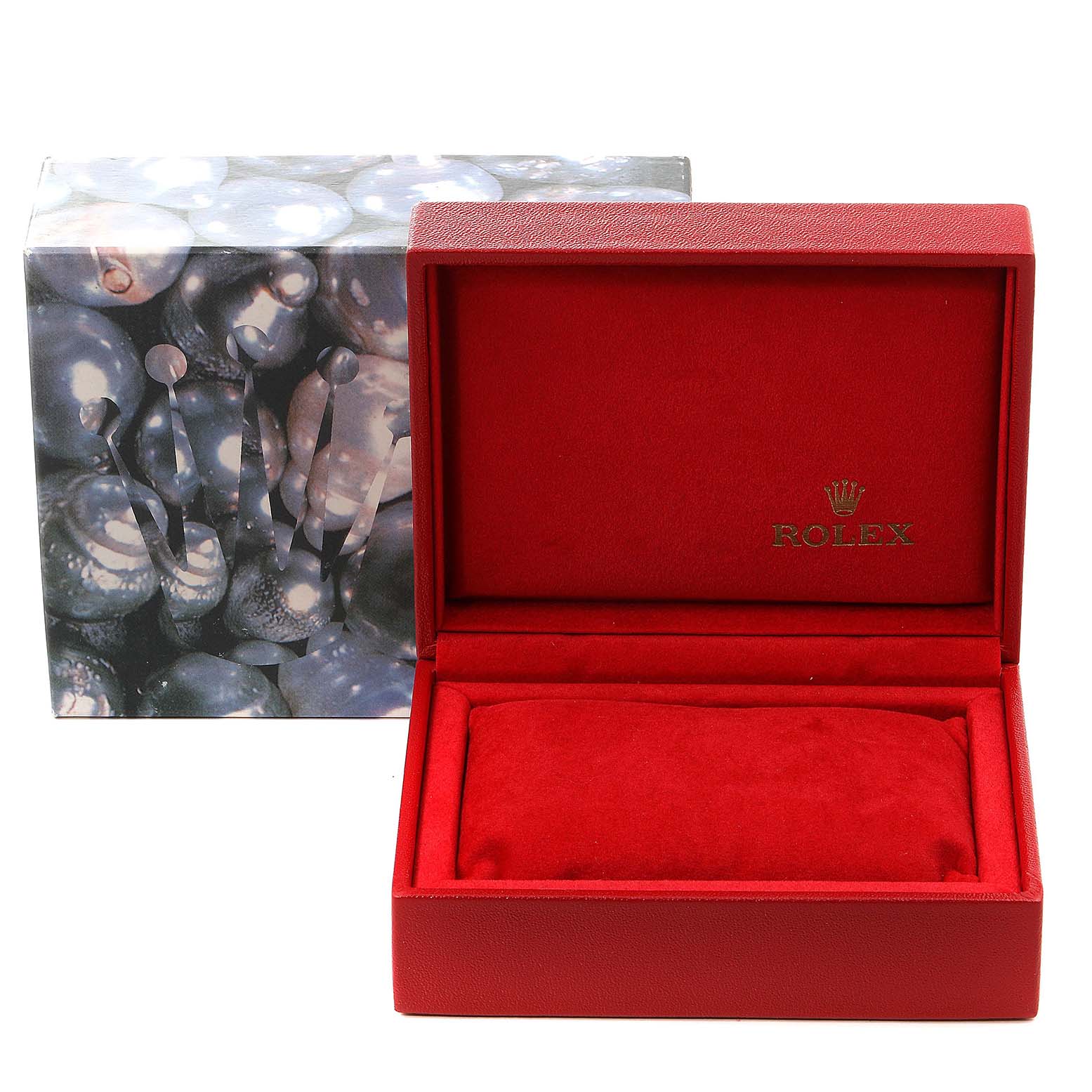 This image shows an empty Rolex Oyster Perpetual 76094 Women
s Stainless Steel Blue Dial 76094 Women
s Stainless Steel Blue Dial watch box with a red interior and a decorative outer box.