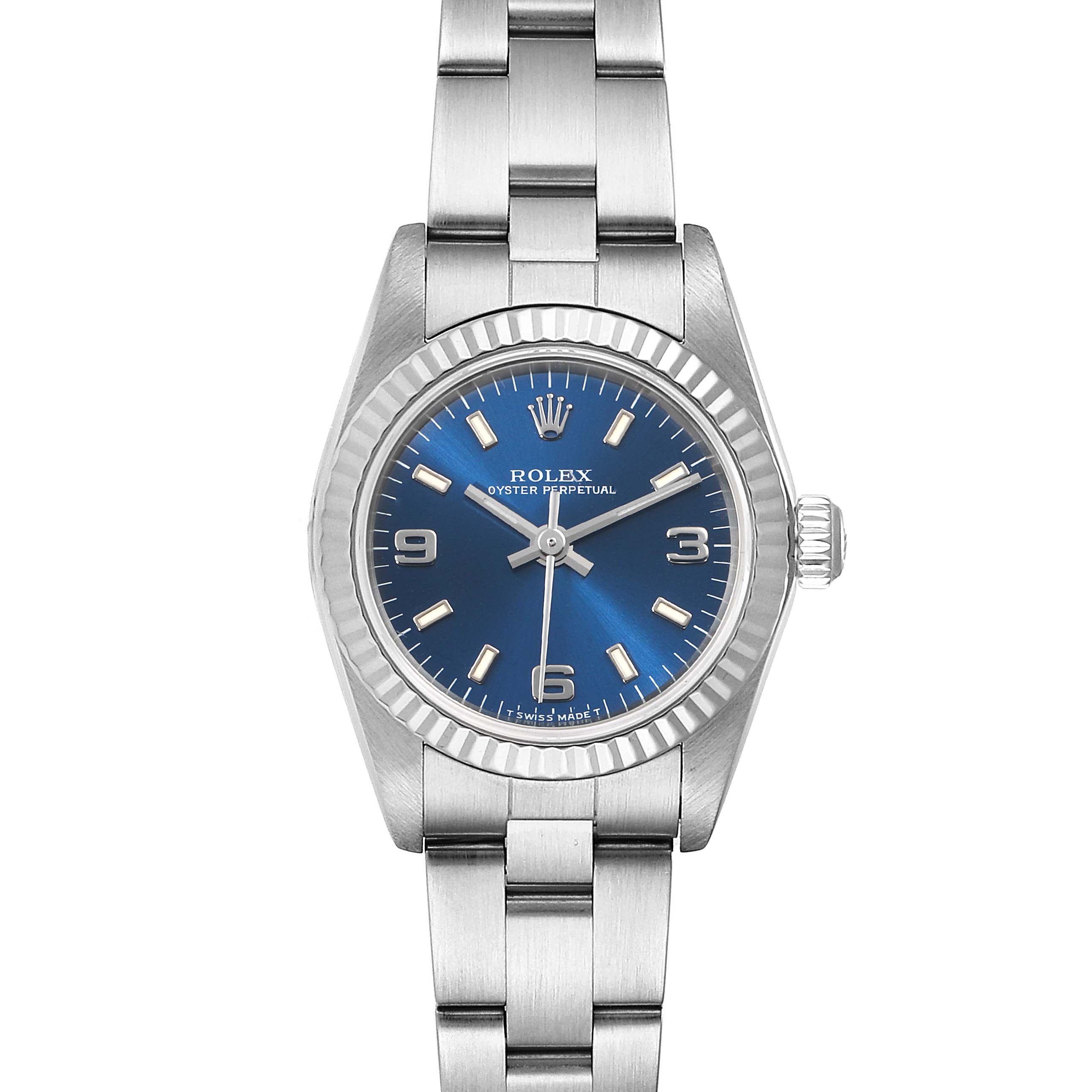 This Rolex Oyster Perpetual 76094 Women
s Stainless Steel Blue Dial 76094 Women
s Stainless Steel Blue Dial watch is shown from a front angle, displaying the dial, bezel, crown, and part of the bracelet.