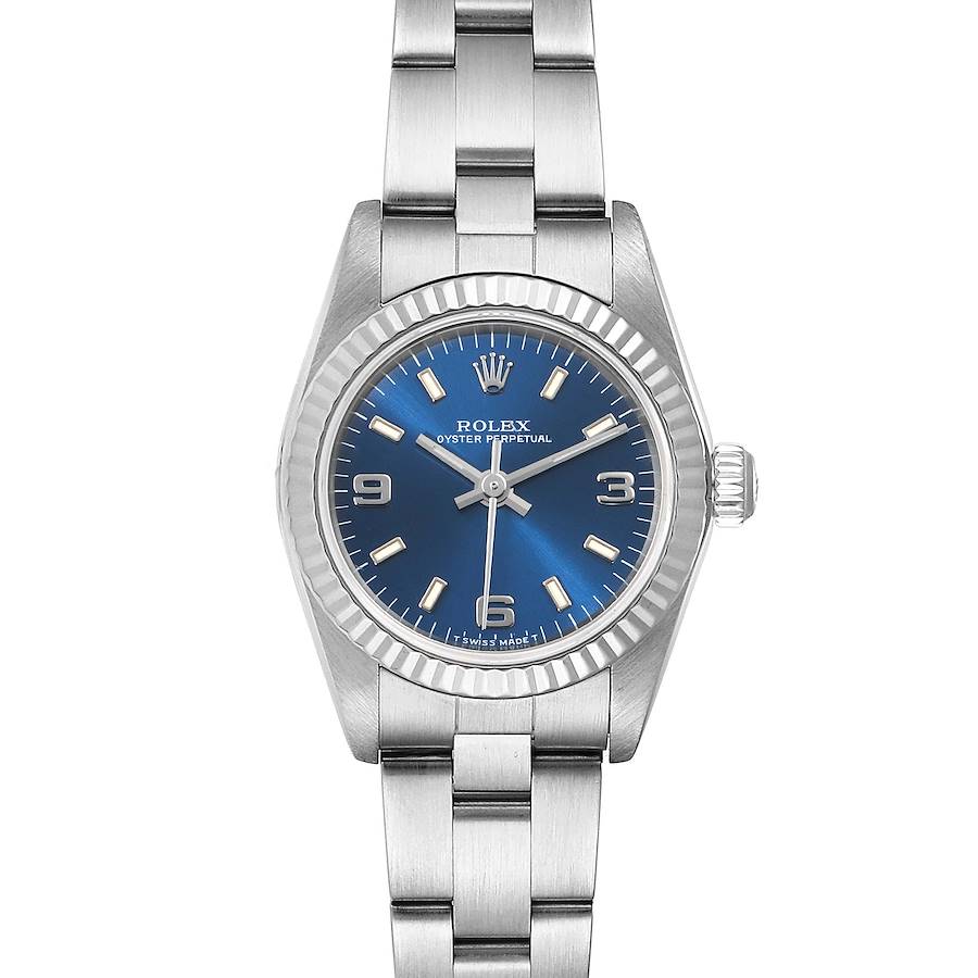 Rolex Oyster Perpetual Blue Dial Steel White Gold Ladies Watch 76094 Box SwissWatchExpo