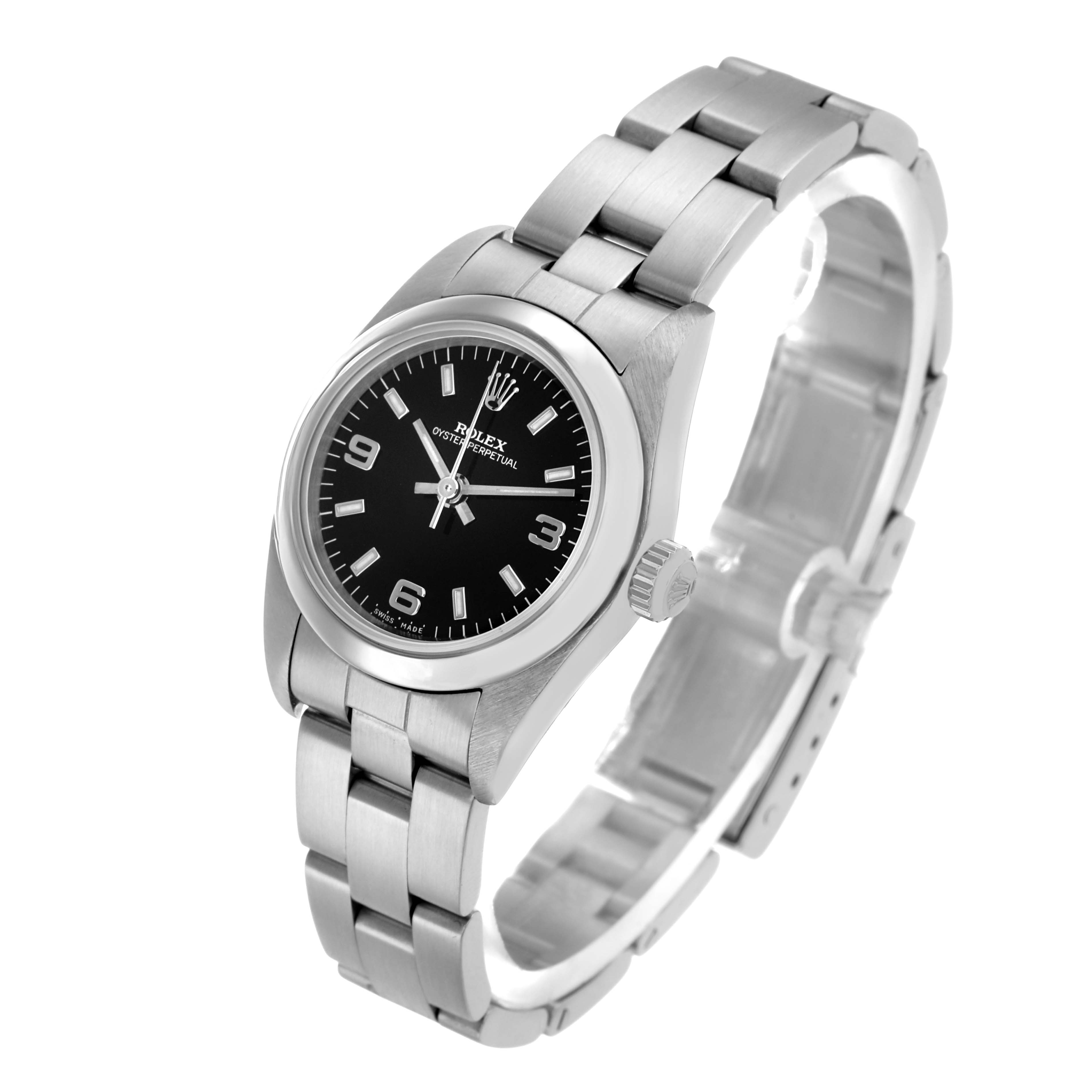 The Rolex Datejust 76080 Women's Stainless Steel Black Dial watch is shown at a three-quarter angle, highlighting the face, bezel, bracelet, and crown.