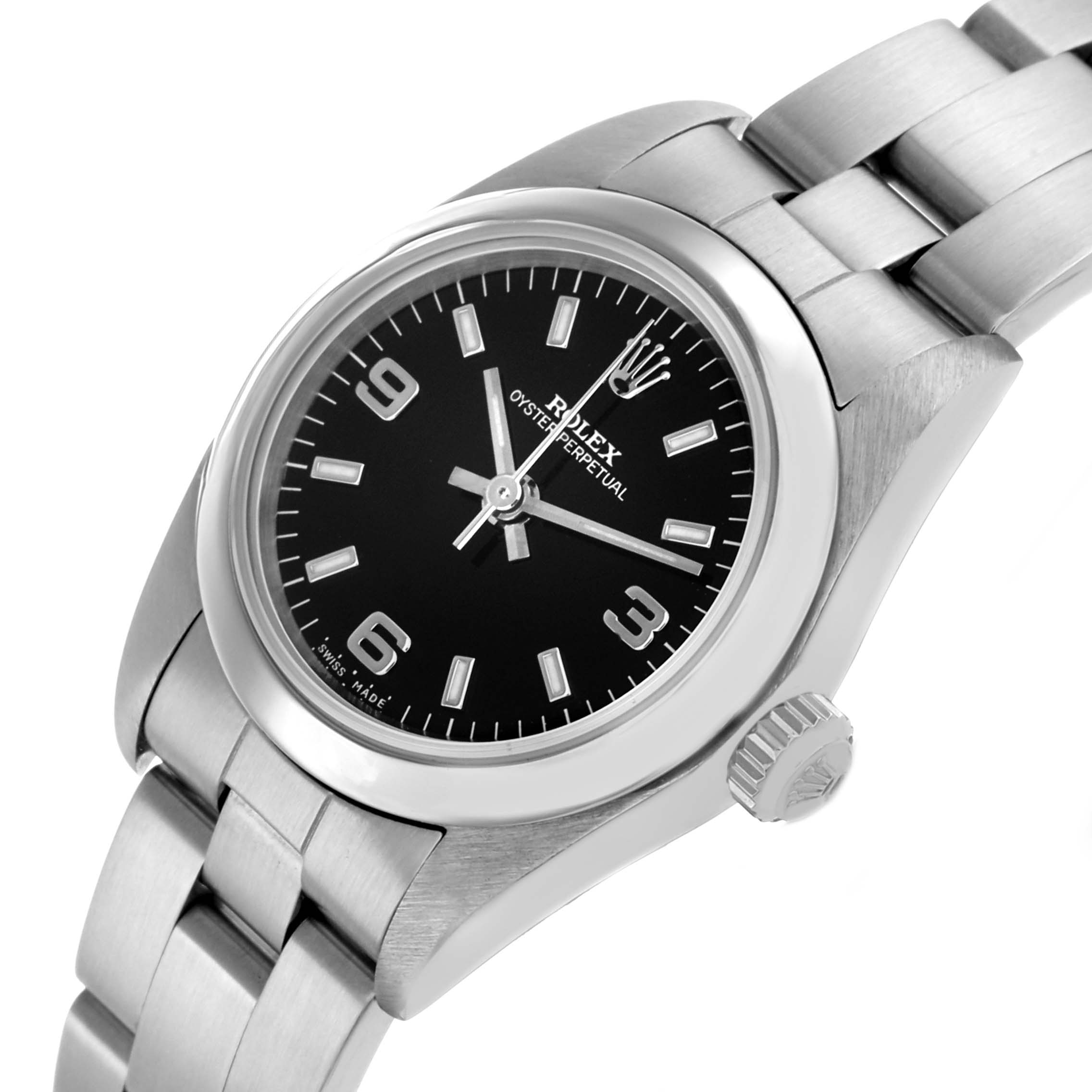 The Rolex Datejust 76080 Women's Stainless Steel Black Dial watch is shown from an angled view, displaying the dial, bezel, crown, and part of the bracelet.