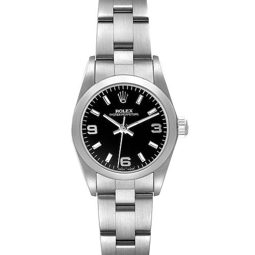 The Rolex Datejust 76080 Women's Stainless Steel Black Dial watch is shown from a top-down angle, featuring its bezel, dial, and bracelet.