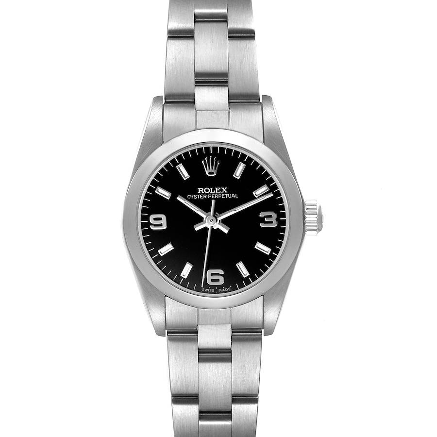 The Rolex Datejust 76080 Women's Stainless Steel Black Dial watch is shown from a top view, highlighting the dial, case, crown, and bracelet.