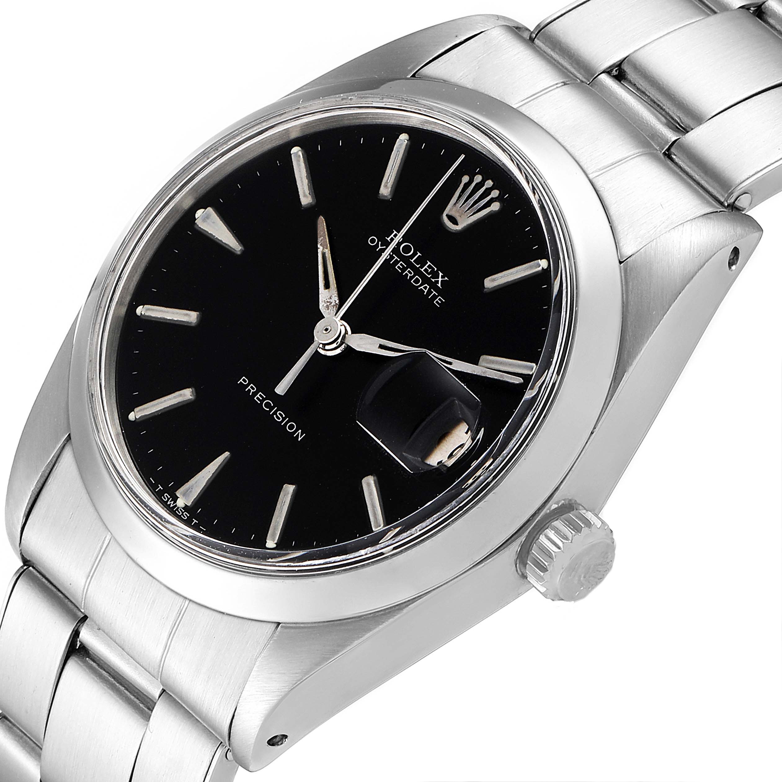 The image shows a close-up side angle of a Rolex Vintage Collection 6694 Men's Stainless Steel Black Dial 6694 Men's Stainless Steel Black Dial watch, highlighting the black dial, crown, and steel bracelet.