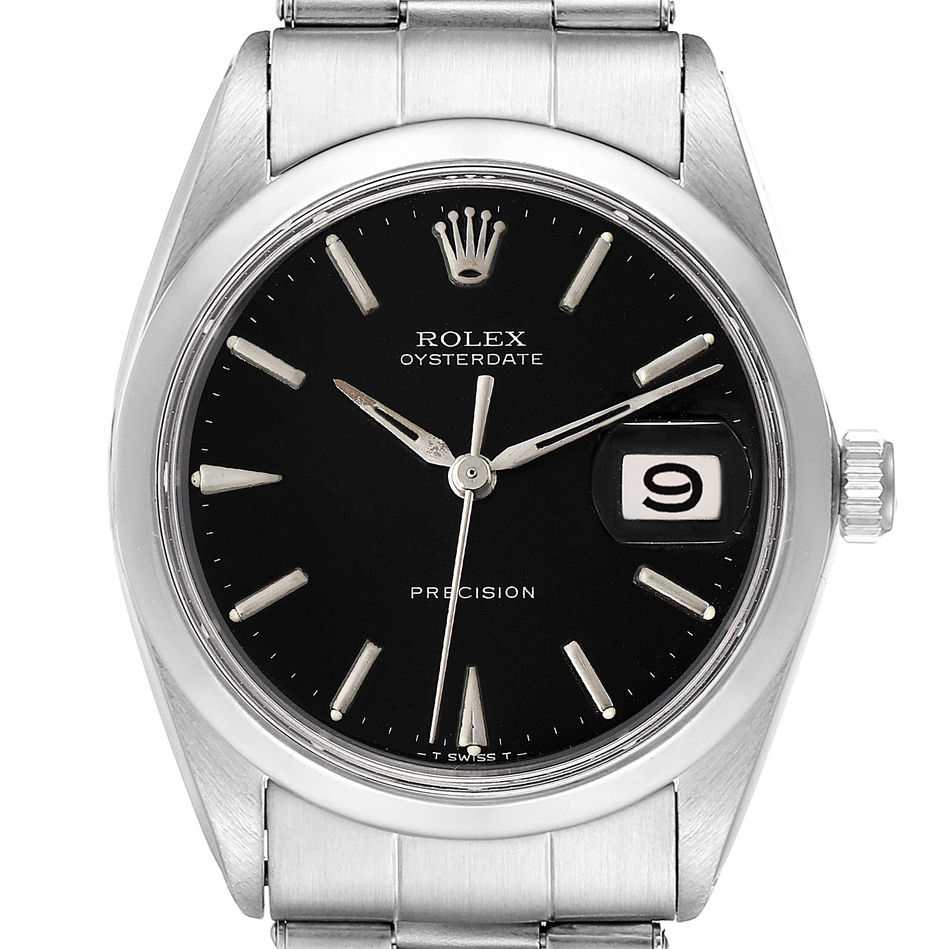 The image shows a front view of a Vintage Collection Rolex Oysterdate watch, displaying its black dial and date window.