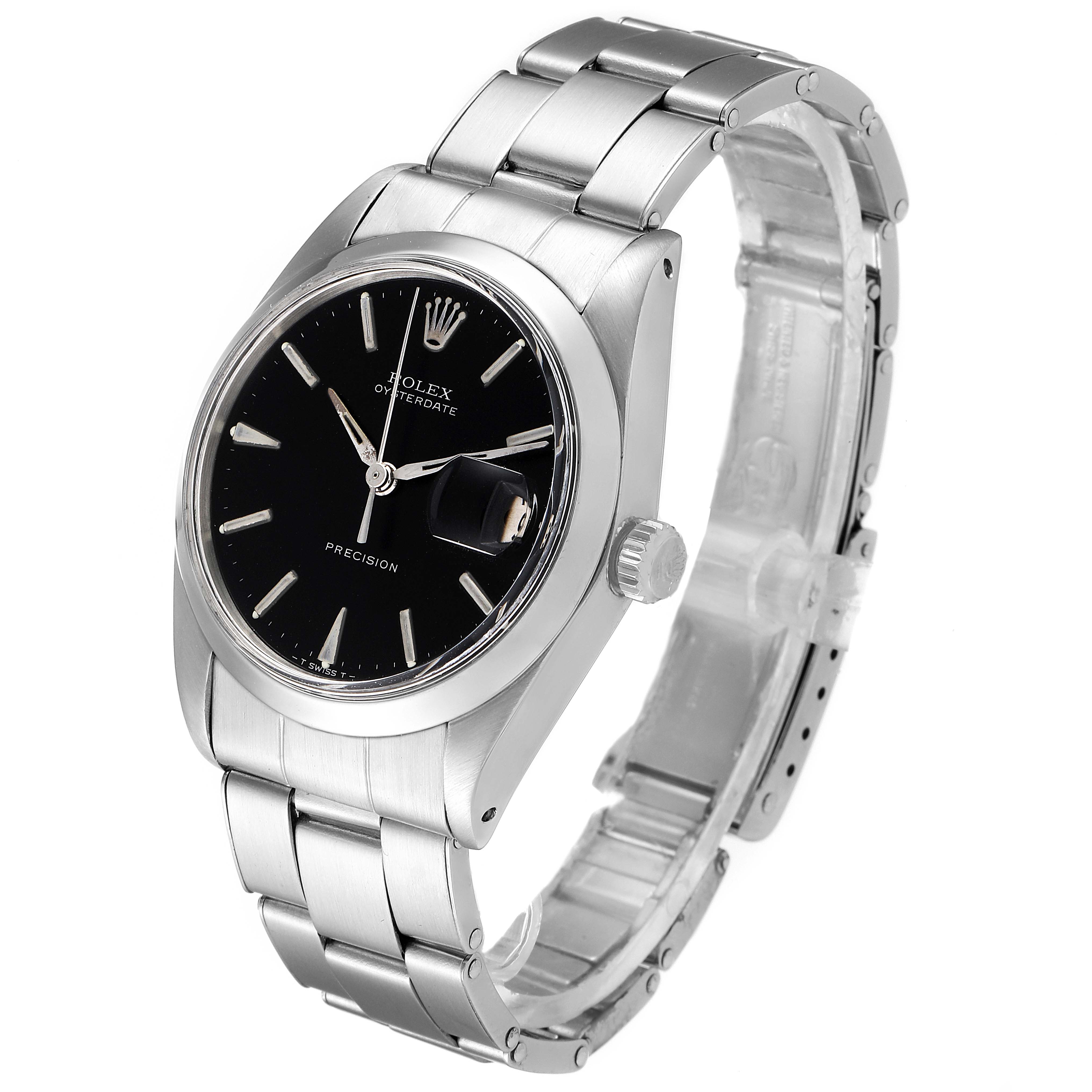The image shows a side view of a Rolex Vintage Collection 6694 Men's Stainless Steel Black Dial 6694 Men's Stainless Steel Black Dial model watch, featuring the face, crown, bezel, and bracelet.