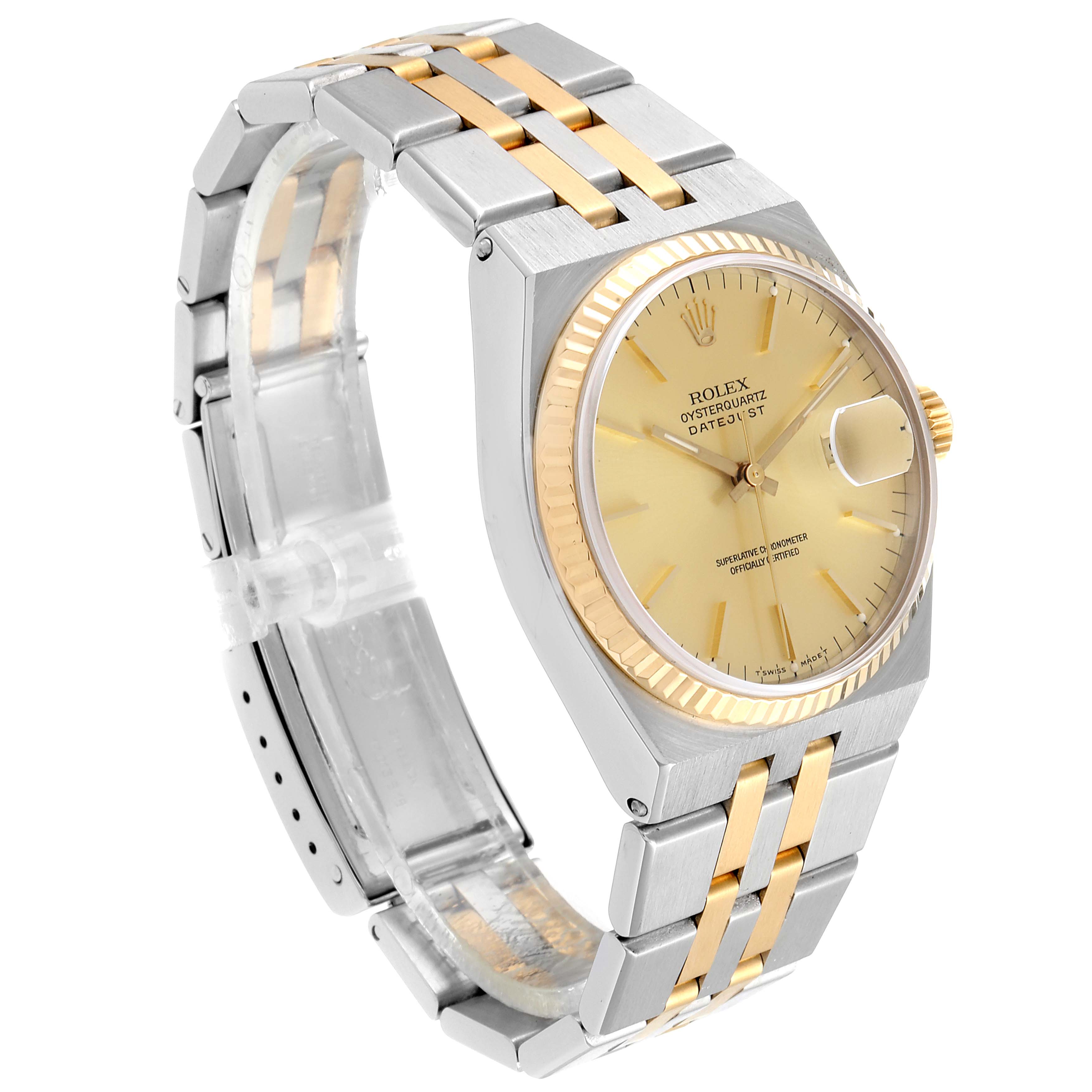 The image shows a Rolex Oysterquartz 17013 Men's Steel and Gold (two tone) Champagne Dial 17013 Men's Steel and Gold (two tone) Champagne Dial watch at an angled view, displaying the two-tone bracelet, dial, and fluted bezel.