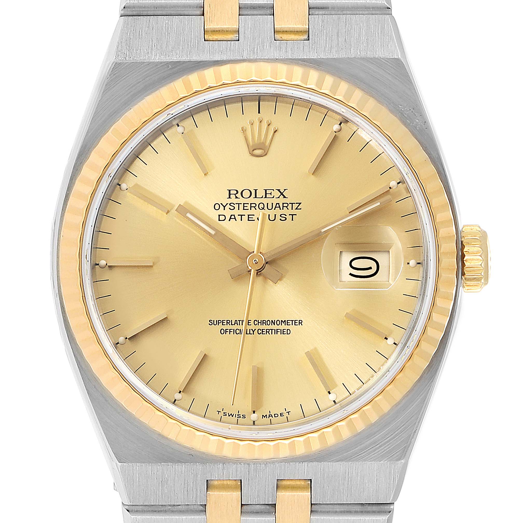 This image shows a Rolex Oysterquartz 17013 Men's Steel and Gold (two tone) Champagne Dial 17013 Men's Steel and Gold (two tone) Champagne Dial watch from the front, highlighting the dial, hands, and date window.