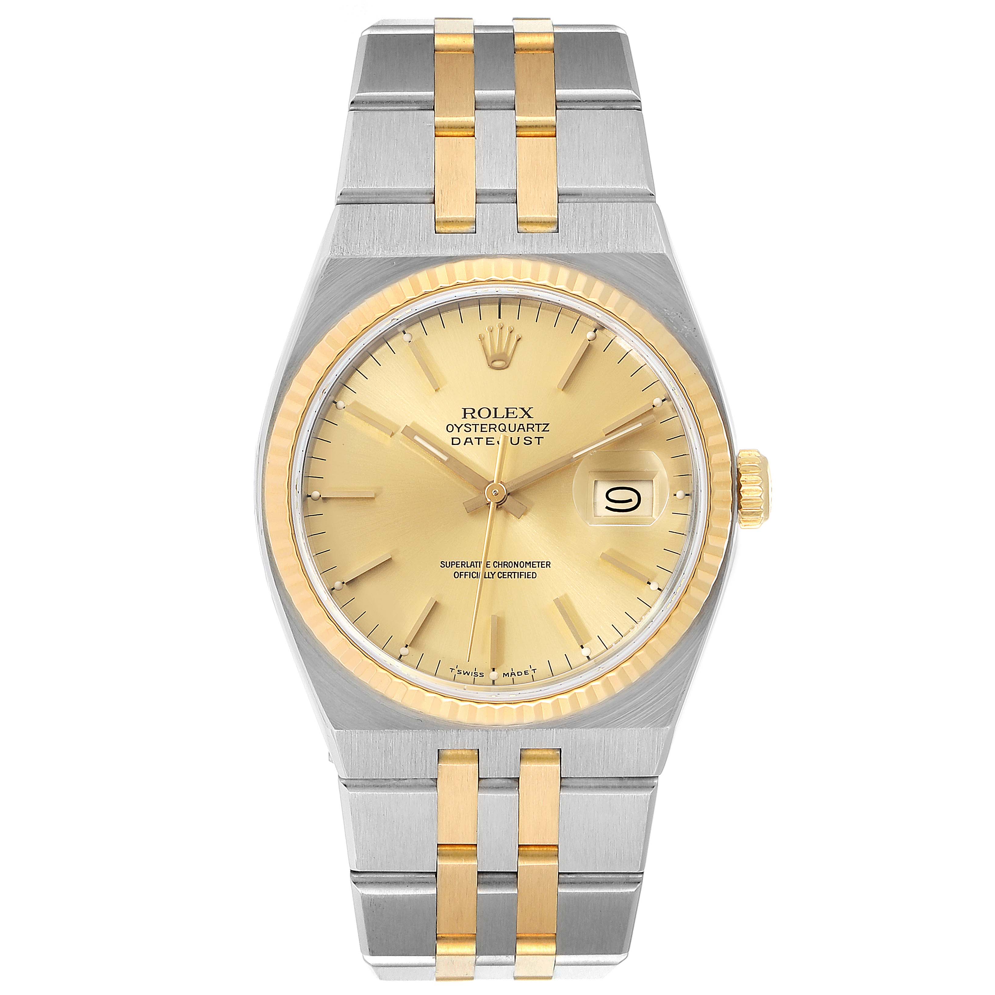 The image shows a front view of the Rolex Oysterquartz 17013 Men's Steel and Gold (two tone) Champagne Dial 17013 Men's Steel and Gold (two tone) Champagne Dial Datejust watch, featuring a gold dial and two-tone bracelet.