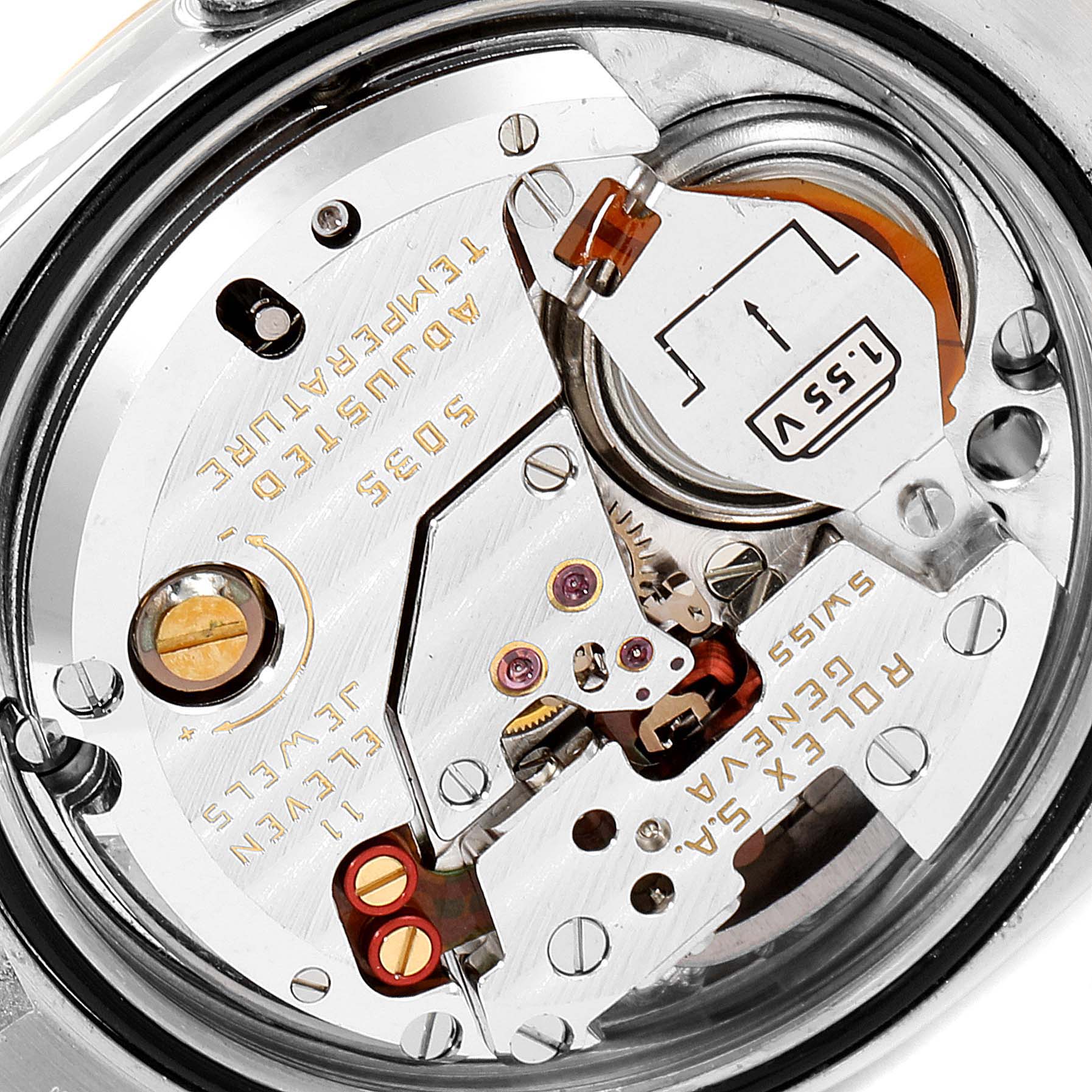 The image shows a close-up of the movement inside a Rolex Oysterquartz 17013 Men's Steel and Gold (two tone) Champagne Dial 17013 Men's Steel and Gold (two tone) Champagne Dial model watch.