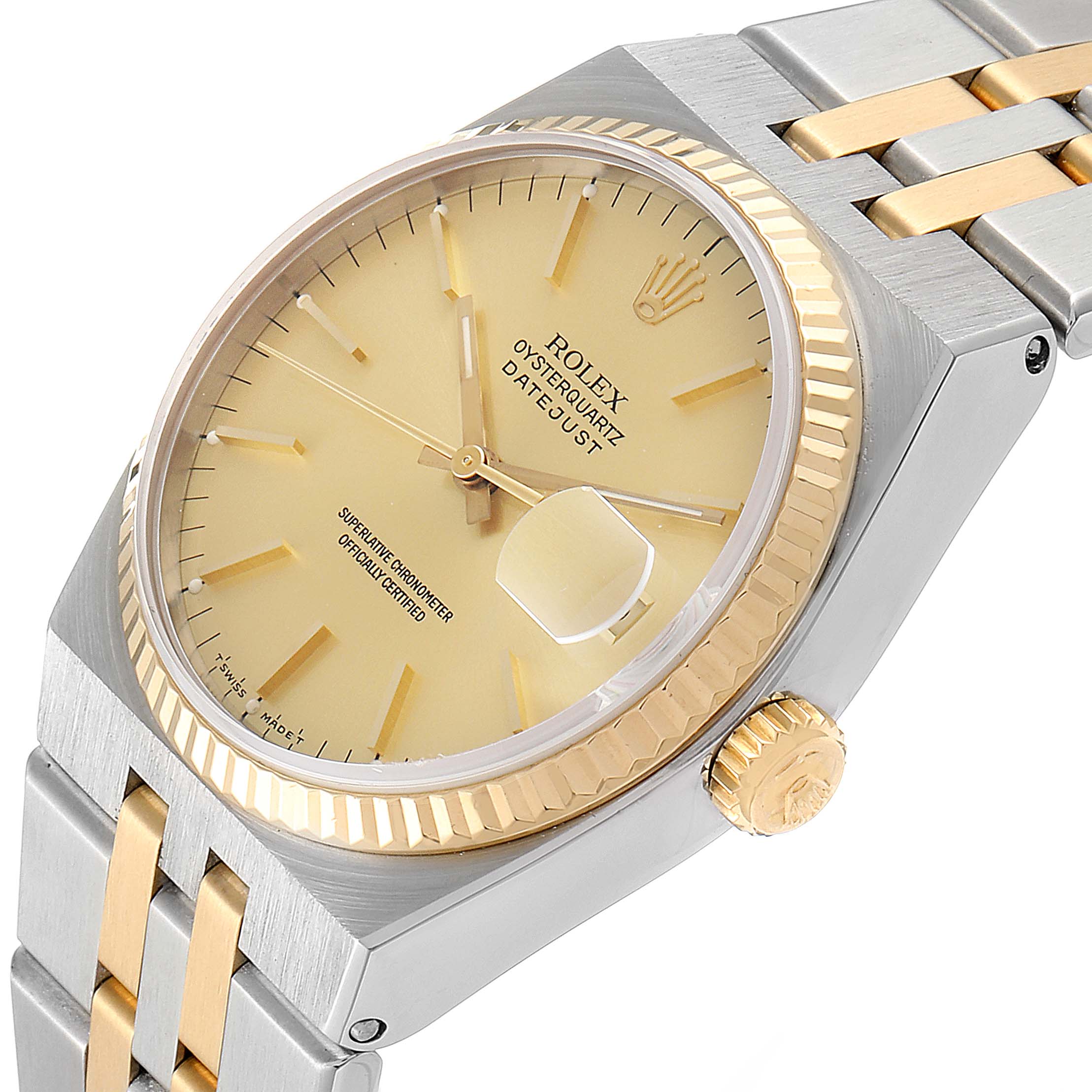 The image shows a side angle of the Rolex Oysterquartz 17013 Men's Steel and Gold (two tone) Champagne Dial 17013 Men's Steel and Gold (two tone) Champagne Dial watch, displaying the face, crown, and part of the bracelet.