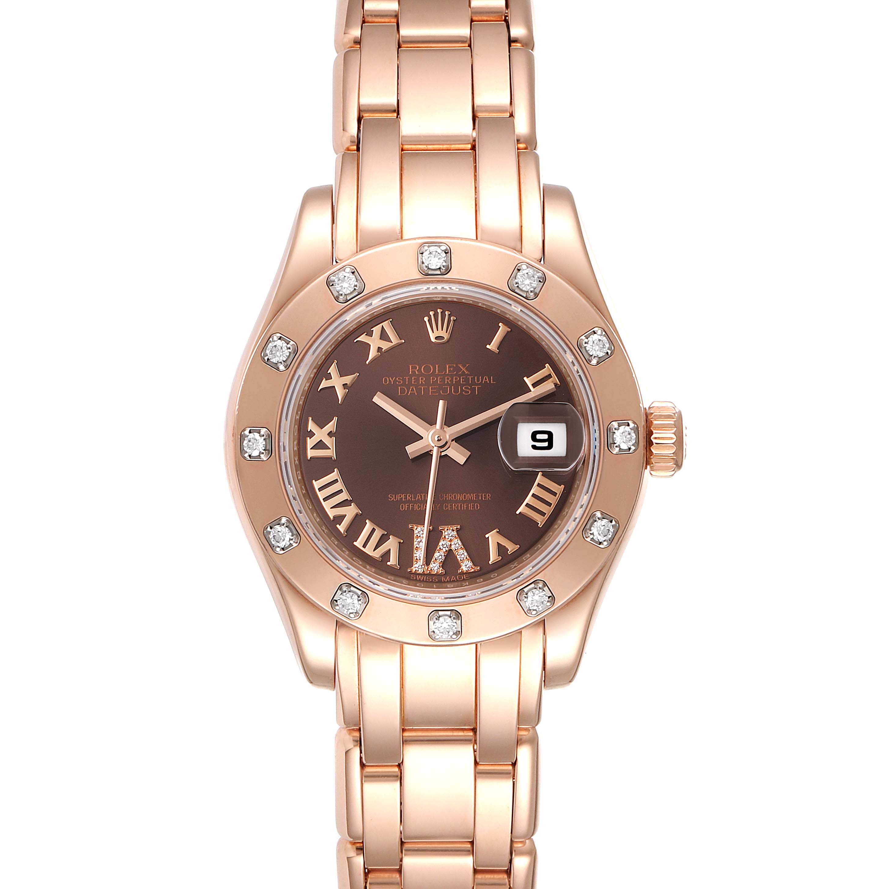 The image shows a front view of a Rolex Pearlmaster 80315 Women's Rose Gold Brown Dial 80315 Women's Rose Gold Brown Dial watch, displaying its dial, bezel, and bracelet.