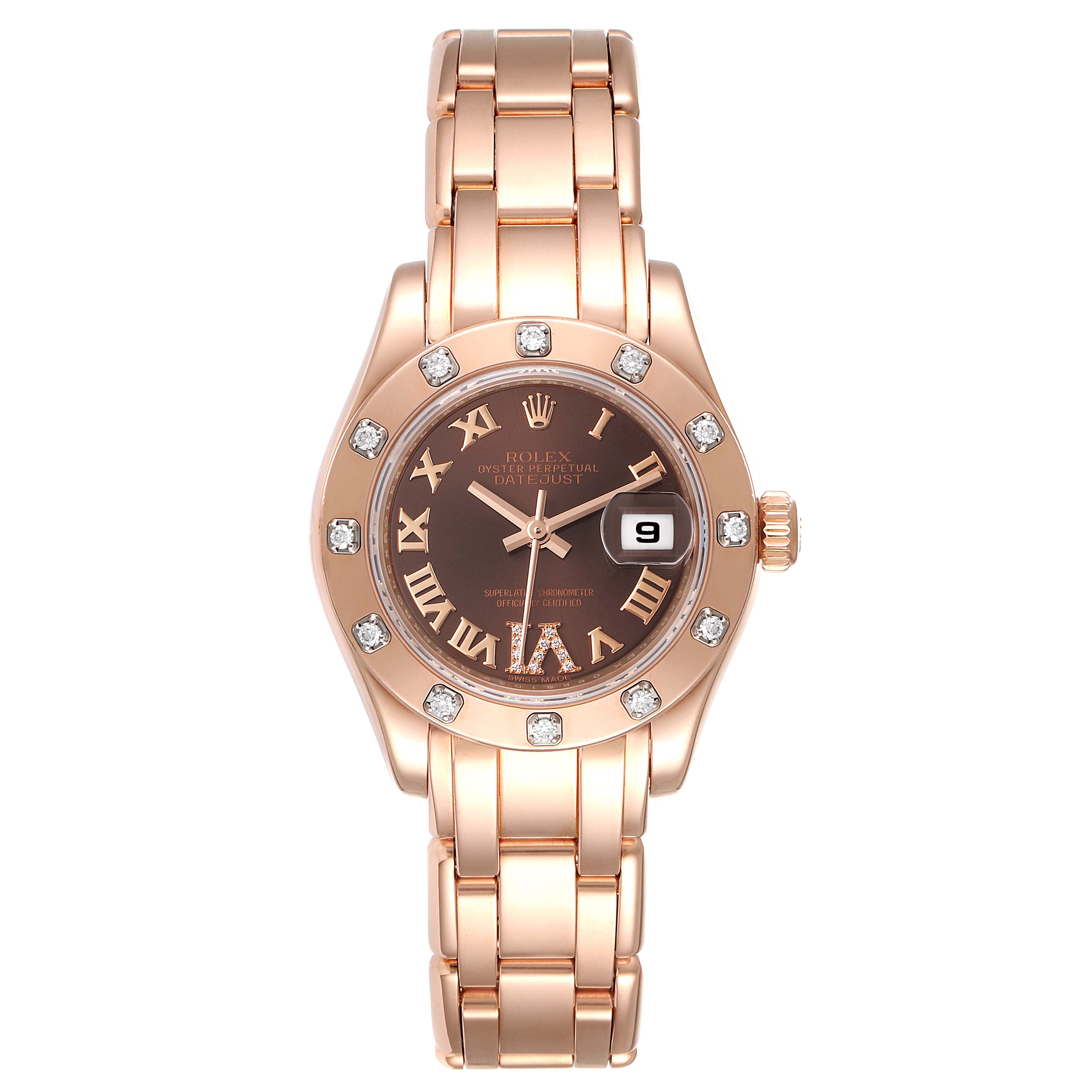 This is a frontal view of the Rolex Pearlmaster 80315 Women's Rose Gold Brown Dial 80315 Women's Rose Gold Brown Dial watch showing its dial, bezel with diamonds, bracelet, and crown.