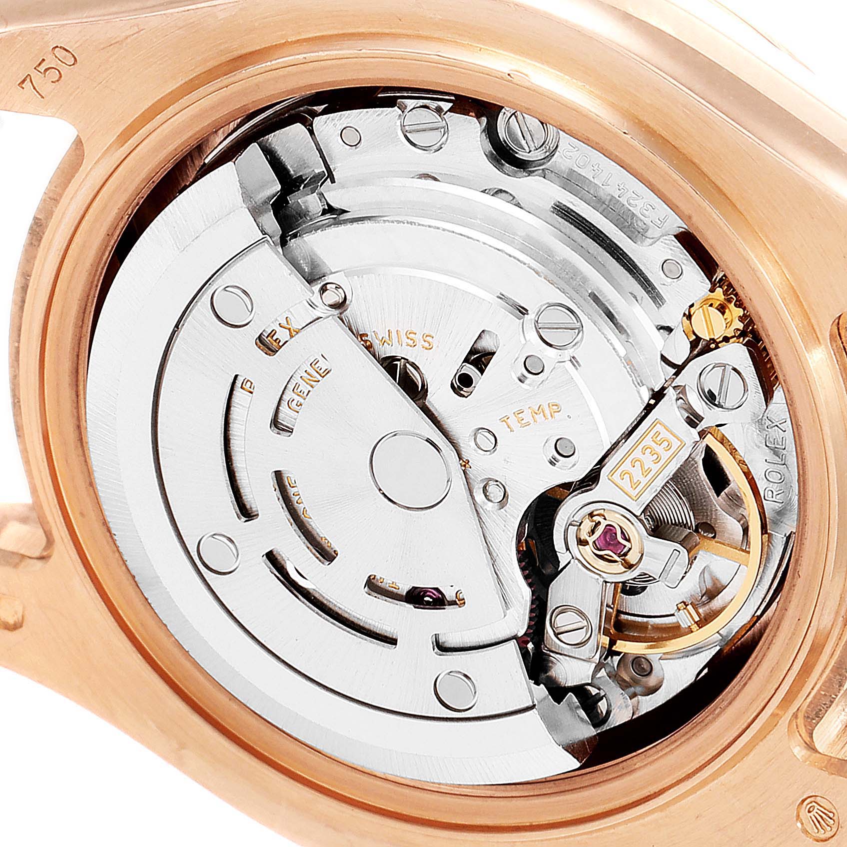 The image shows the inner movement mechanism of a Rolex Pearlmaster 80315 Women's Rose Gold Brown Dial 80315 Women's Rose Gold Brown Dial watch from a rear angle.