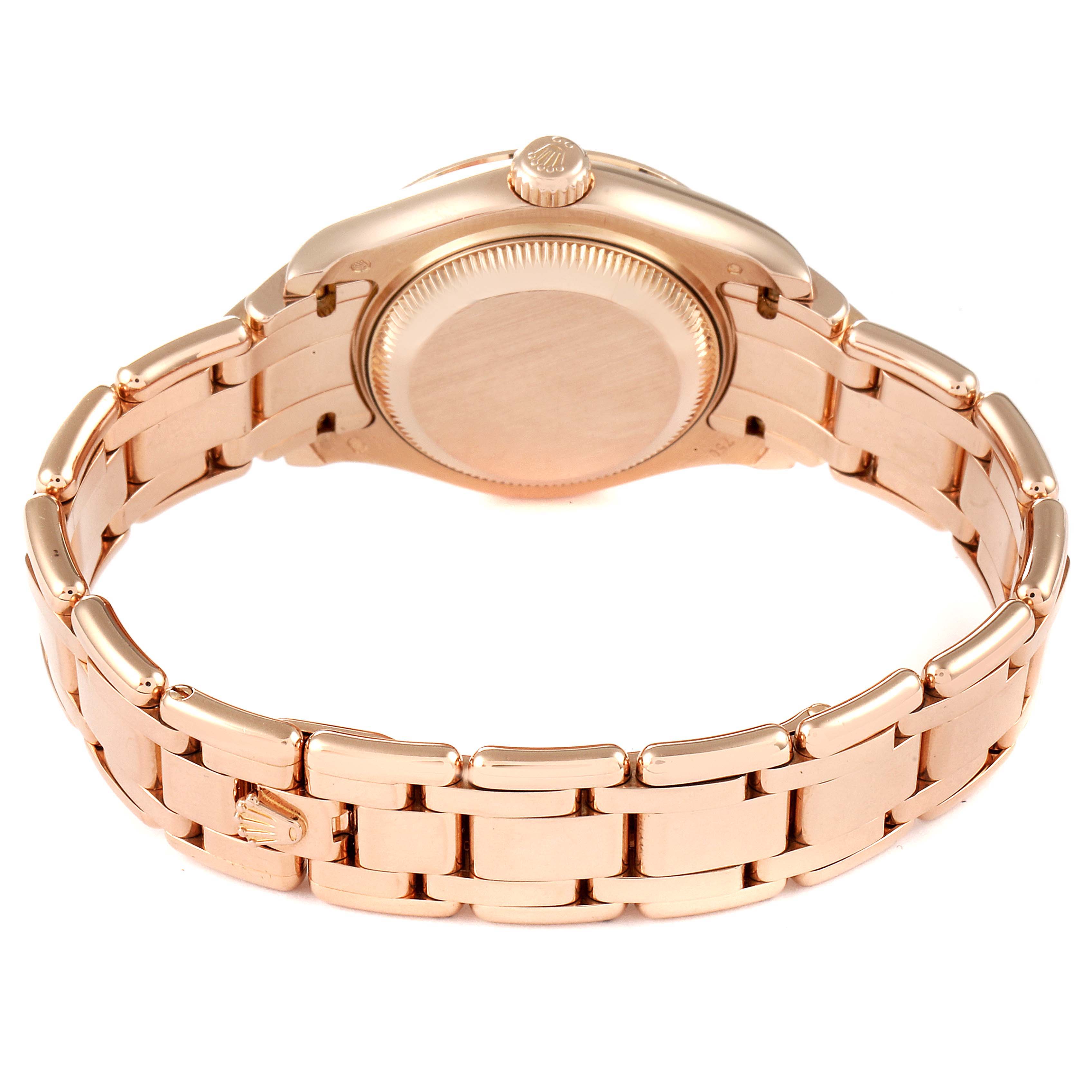 This image shows the back view of the Rolex Pearlmaster 80315 Women's Rose Gold Brown Dial 80315 Women's Rose Gold Brown Dial watch, highlighting its bracelet, case back, and crown.