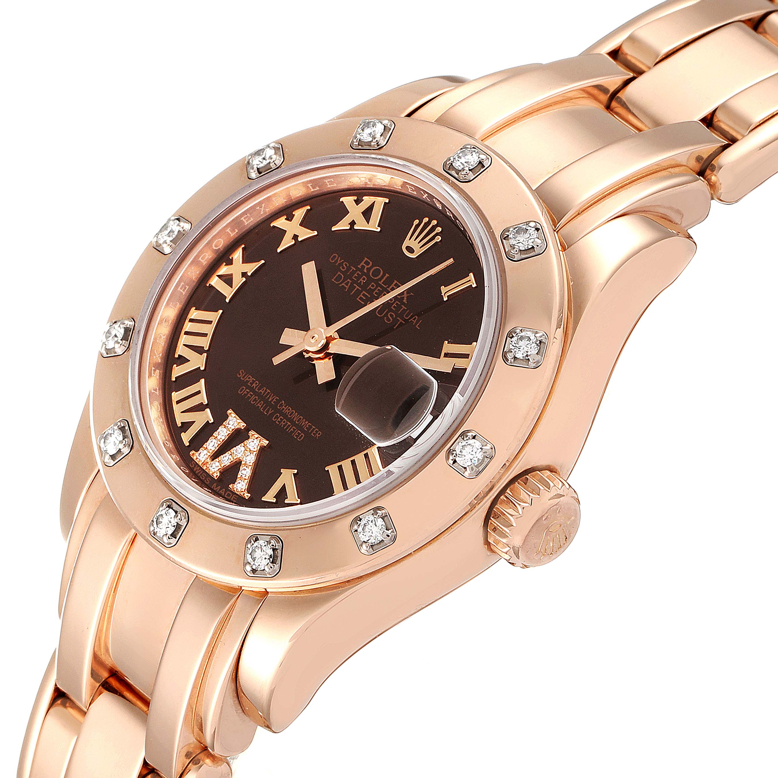 This image shows a close-up, angled view of the Rolex Pearlmaster 80315 Women's Rose Gold Brown Dial 80315 Women's Rose Gold Brown Dial watch, highlighting the dial, bezel, and part of the bracelet.