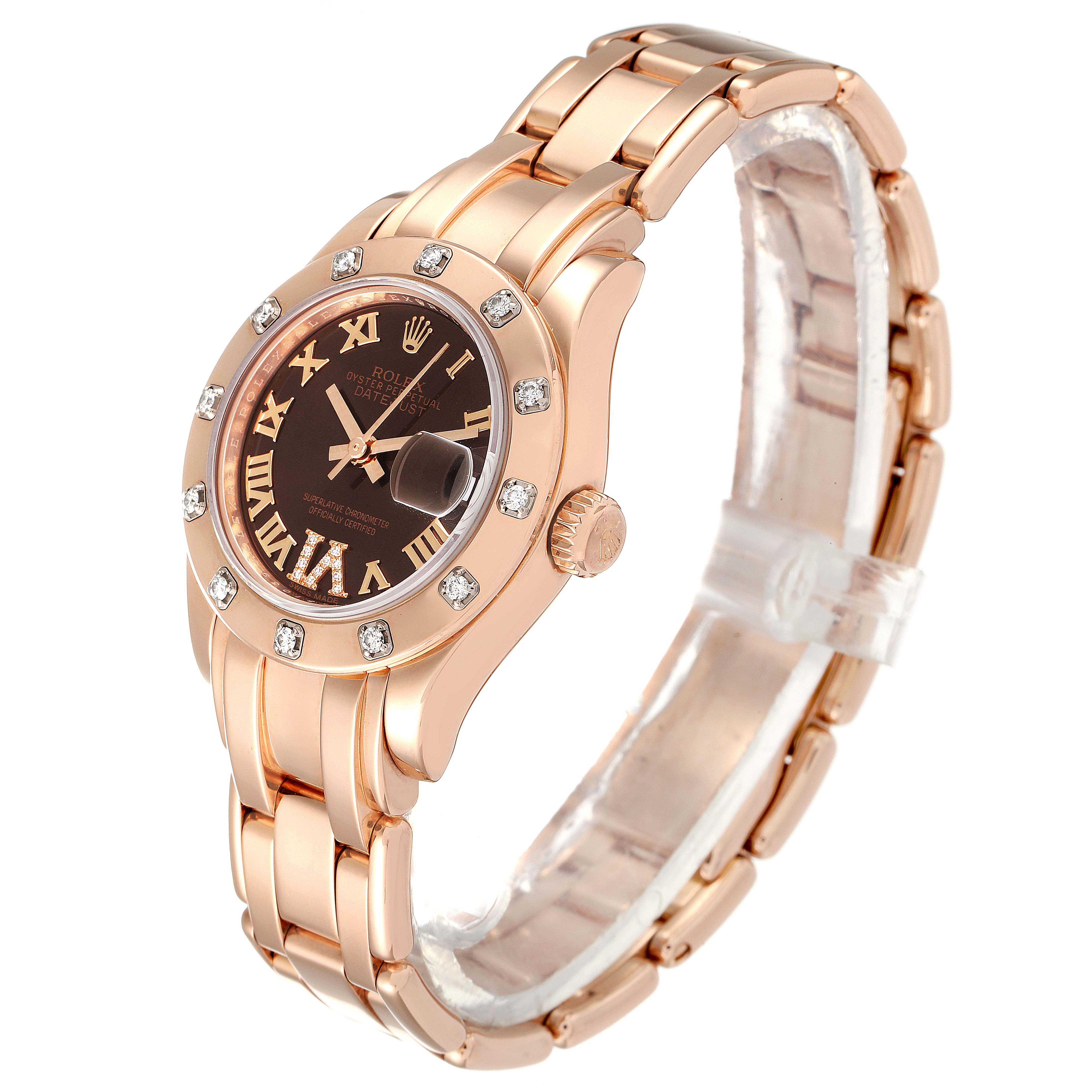 The image shows a side-angle view of the Rolex Pearlmaster 80315 Women's Rose Gold Brown Dial 80315 Women's Rose Gold Brown Dial watch, highlighting its face, bezel, and bracelet.