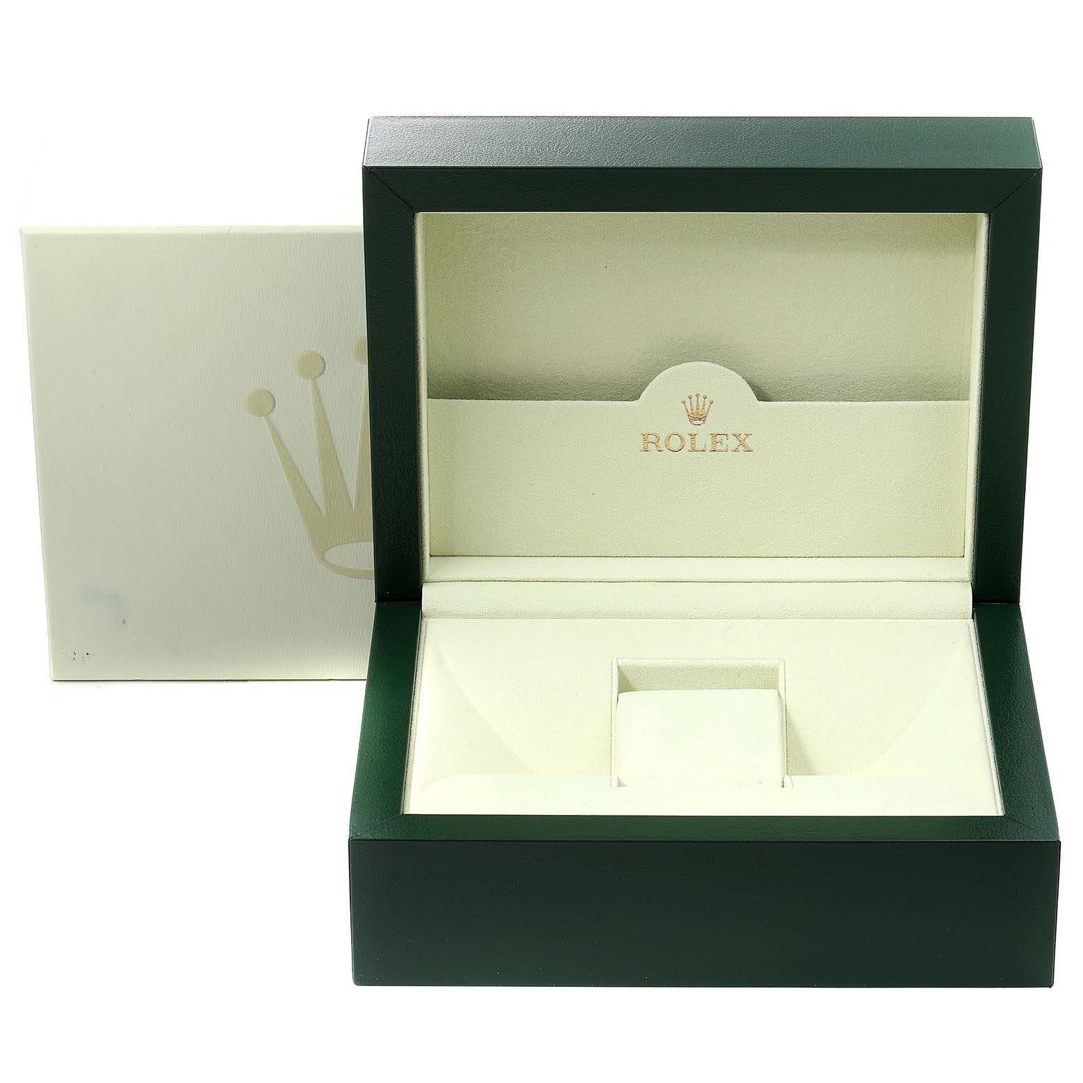 This image shows an open box for a Rolex Pearlmaster 80315 Women's Rose Gold Brown Dial 80315 Women's Rose Gold Brown Dial watch.