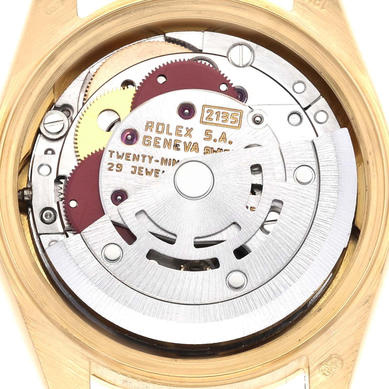The image shows the internal movement components of a Rolex President 69268 Women's Yellow Gold Champagne Dial watch from a top view angle.