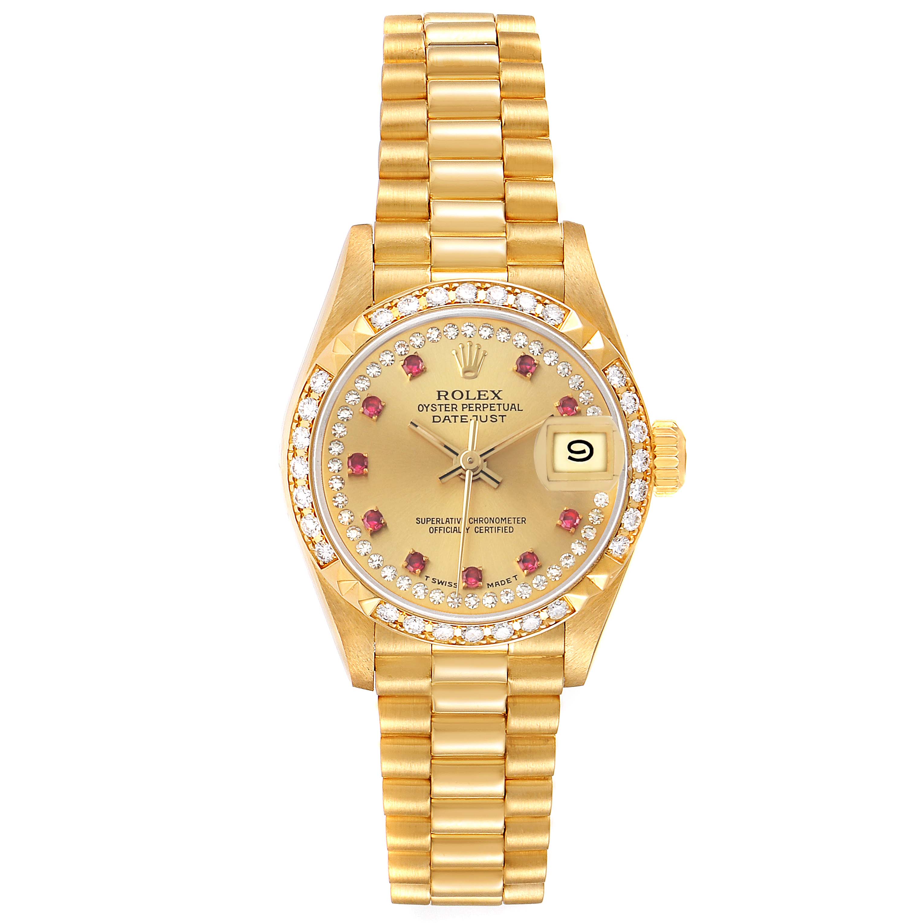 The Rolex President 69268 Women's Yellow Gold Champagne Dial model watch is shown from a top view, highlighting the face, bracelet, and bezel details.
