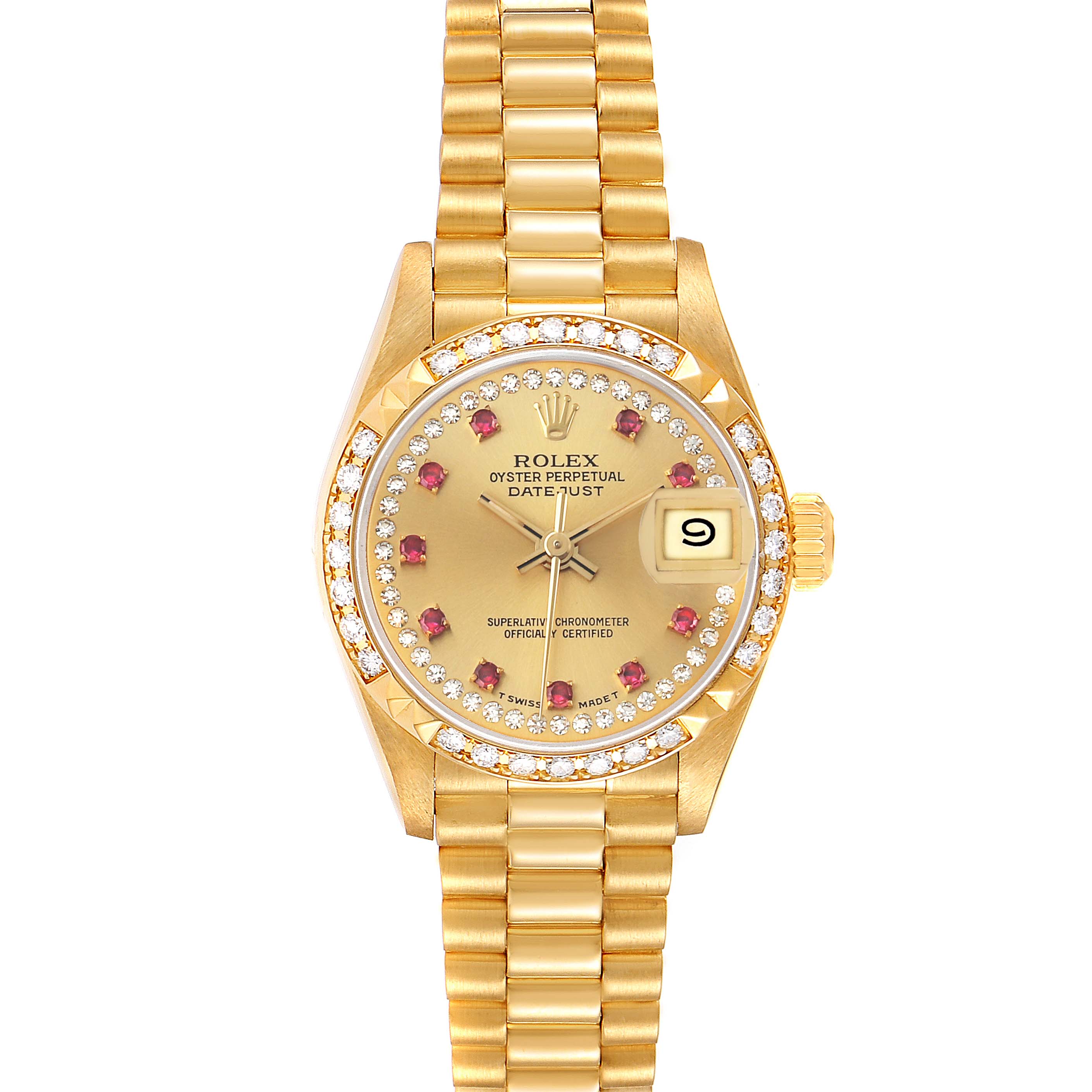 The Rolex President 69268 Women's Yellow Gold Champagne Dial model watch is shown from a front angle, displaying the face, bracelet, and crown.